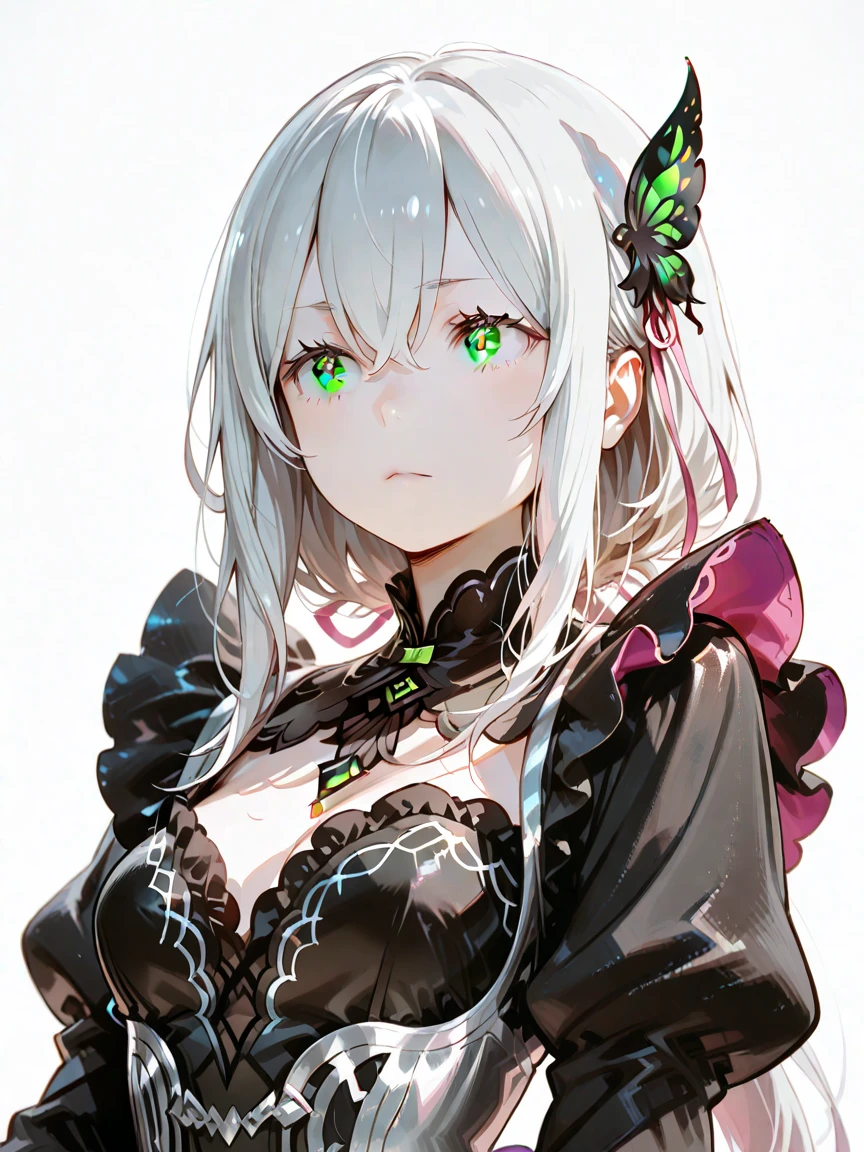 Green-skinned female zombie wearing black maid outfit,one person,white hair,cute,Covered in green