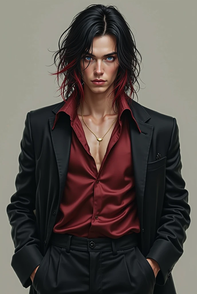((Best quality)), ((masterpiece)), 8k (detailed), ((perfect face)) ((fullbody)), perfect proportions, He is a gorgeous devil, his facial features delicate and perfect. He has black long hair and teal-blue eyes. Wearing black shiny leather jeans and a black trench coat. He has long eyelashes, his skin is white and pale. (No facial or body hair) He is sexy. He has gothic makeup on his face. He is 19 years old. The overall look is very erotic. ((Black and purple)) ((sexy)) (sitting on a gothic couch)) ((seductive)) (((legs crossed))) ((looking down)) ((Smirking)) male) boy.