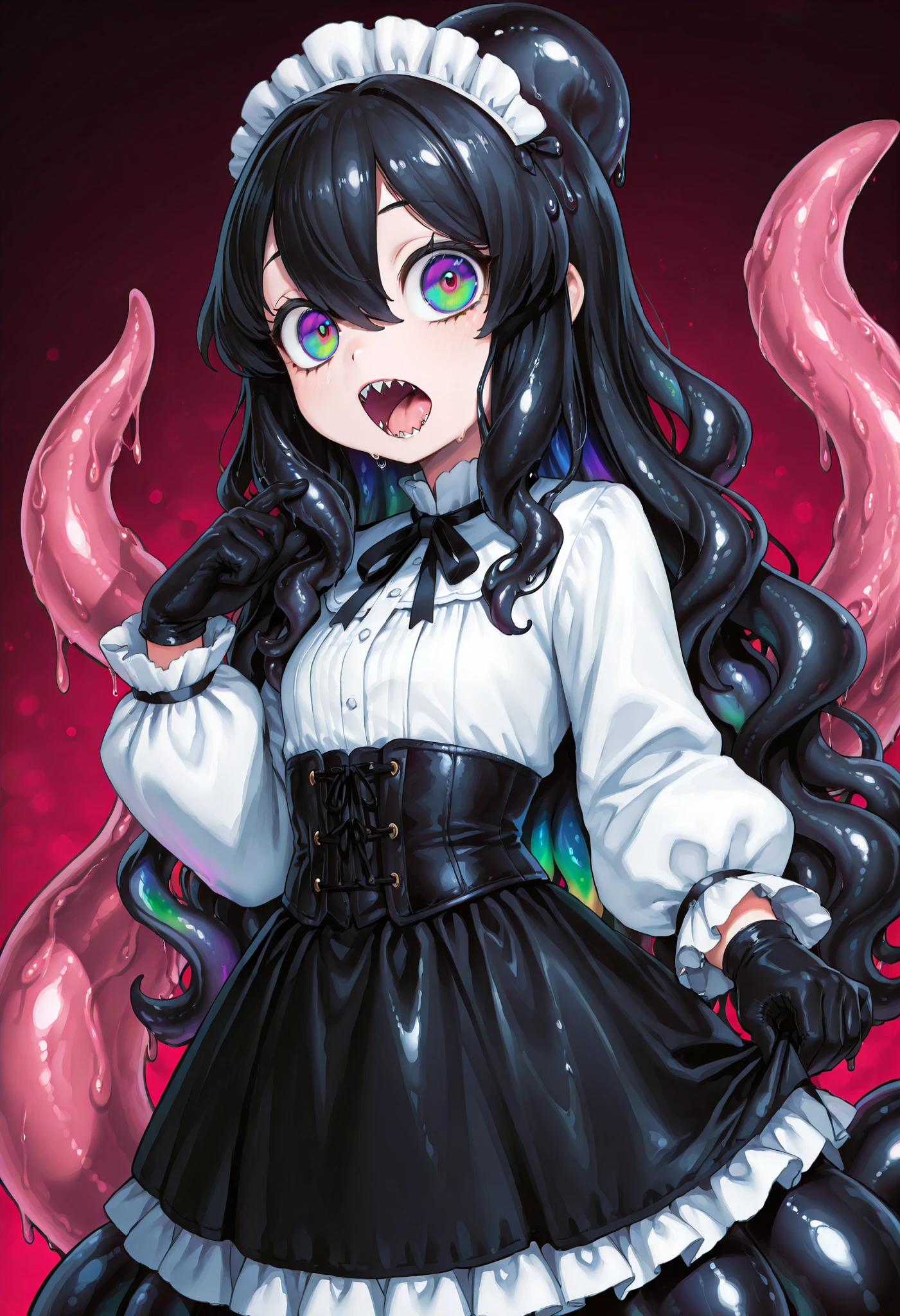 Monster girl. Black hair. Long hair. Wavy hair. Big eyes. Rainbow pupils. White blouse. Corset. Ruffled skirt. Black gloves. Slime tentacles. Black slime. Shark mouth on head. Shark head shaped hair.
