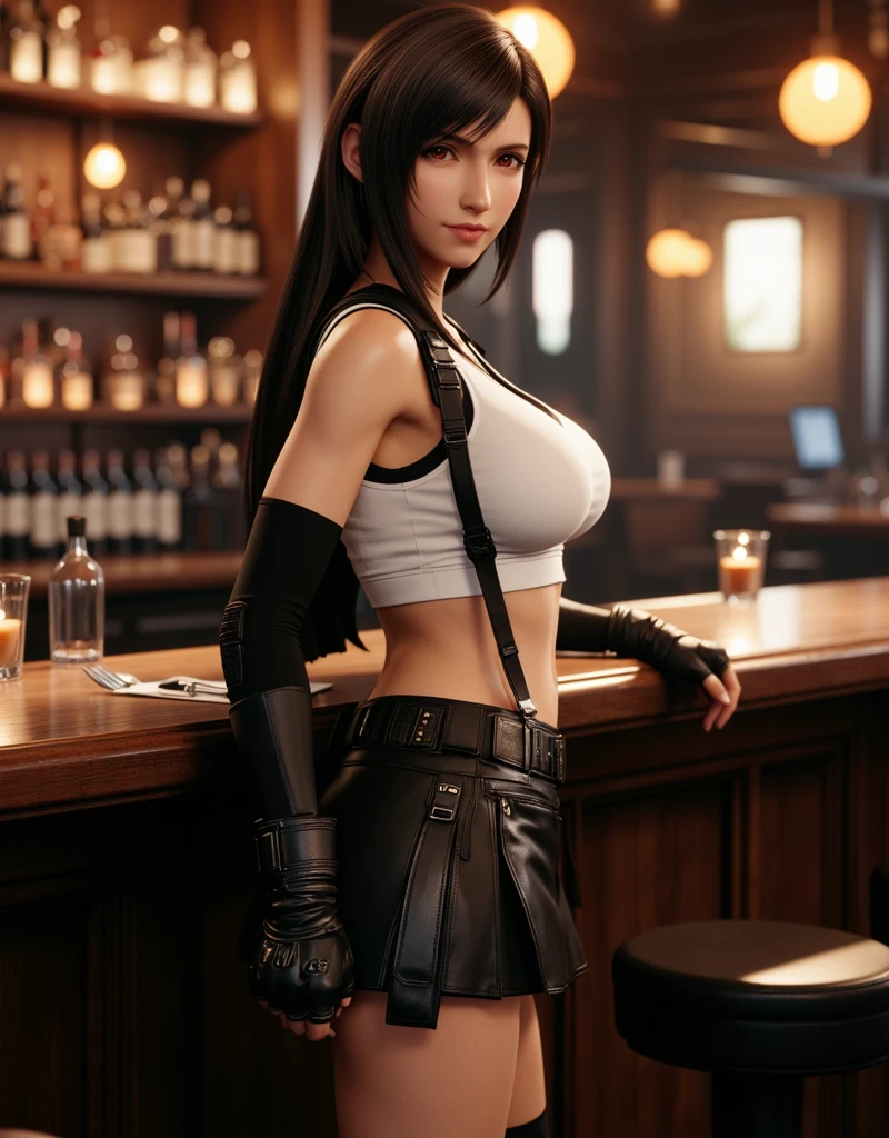 Final Fantasy VII, (nose blush), single elbow pad, ankle boots, black hair, black skirt, black thighhighs, red boots, elbow gloves, elbow pads, fingerless gloves, taut shirt, sports bra, (suspender black skirt), thighhighs, white tank top, top body is hyperrealistic thicc muscle and hyper largest_breasts!! with the type of boobs_melons, black hair, full body, look at viewer, posing standing in bar,  mouth, makeup, bokeh, best quality, masterpiece, highres, UHD, 1080P