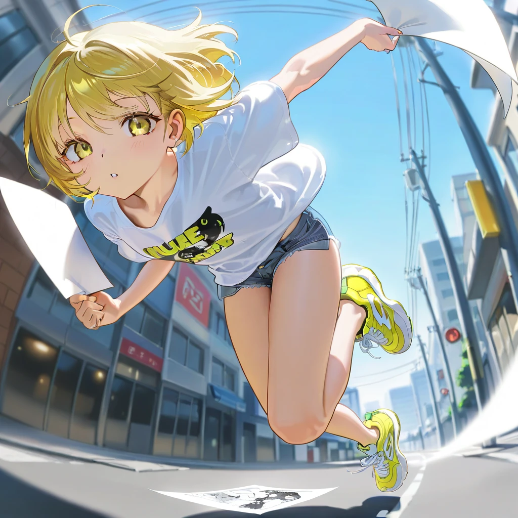 (80's, Retro, City Pop:1.5), (Album cover), (masterpiece, Highest quality, Exquisite detail), Best Photo Poses, Crouching on the city street, Dynamic Angle,girl, alone, cool, Delicate face, Wearing sunglasses, Blonde Hair, Cityscape, City of night, Casual street wear, Street side, Wearing a cap, Trendy clothing, clock, sneakers, Hands hanging down,　