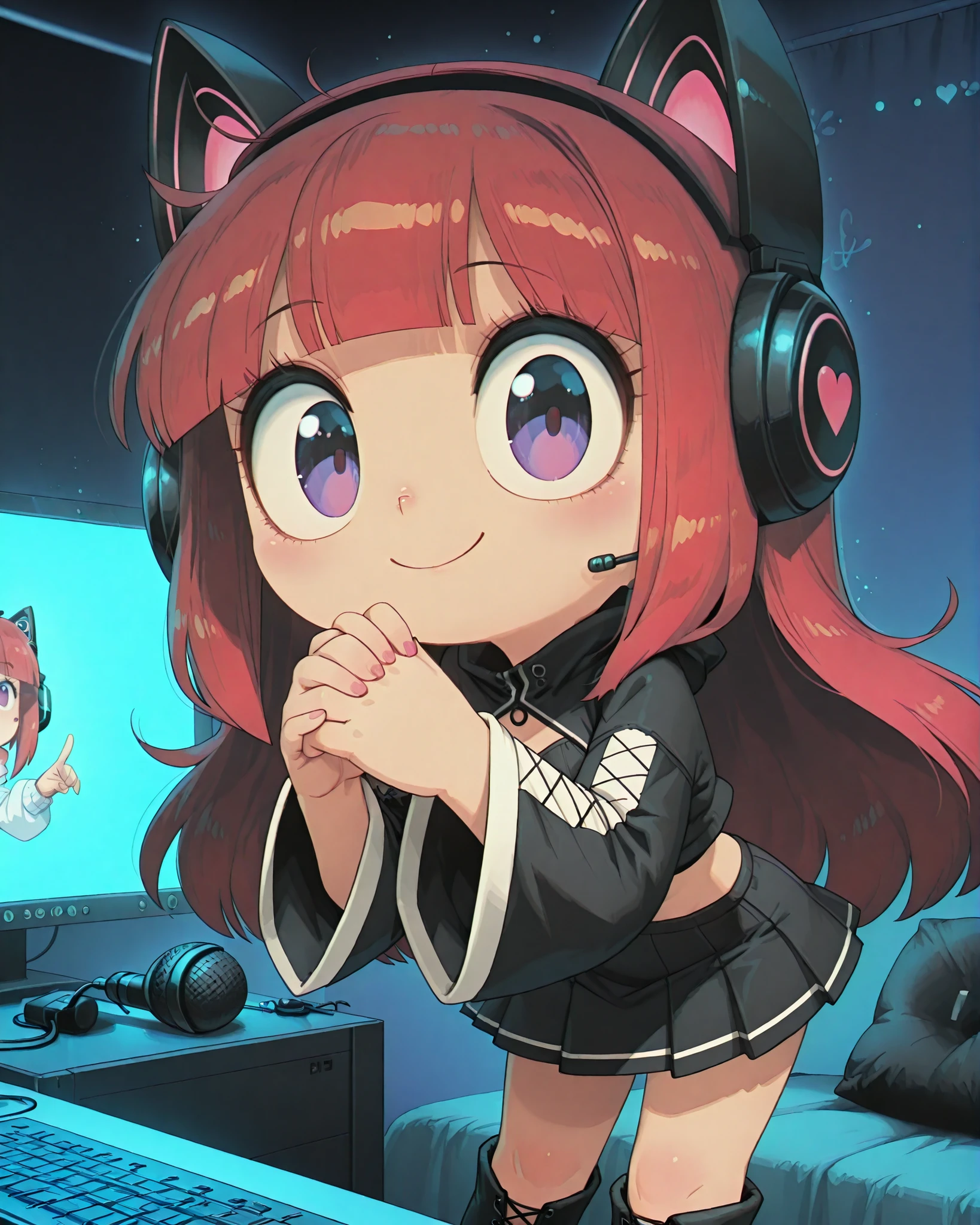 A beautiful woman, (nice curves), with long red hair with pink tips and bright purple eyes, (eyes rich in detail), (eyes detailed), wearing a futuristic black outfit with bright blue details on the sleeves. She wears cat-ear headphones and a headset microphone. Her outfit includes a stylish cropped jacket with wide sleeves, a pleated skirt with white stripes and black lace-up boots. She makes a heart with her hands near her face, (close-up from the waist up) smiling warmly. The background is a bedroom with a gaming computer in the background. The art style is detailed and colorful, with soft dynamic lighting and slightly 3D anime shading, in high resolution