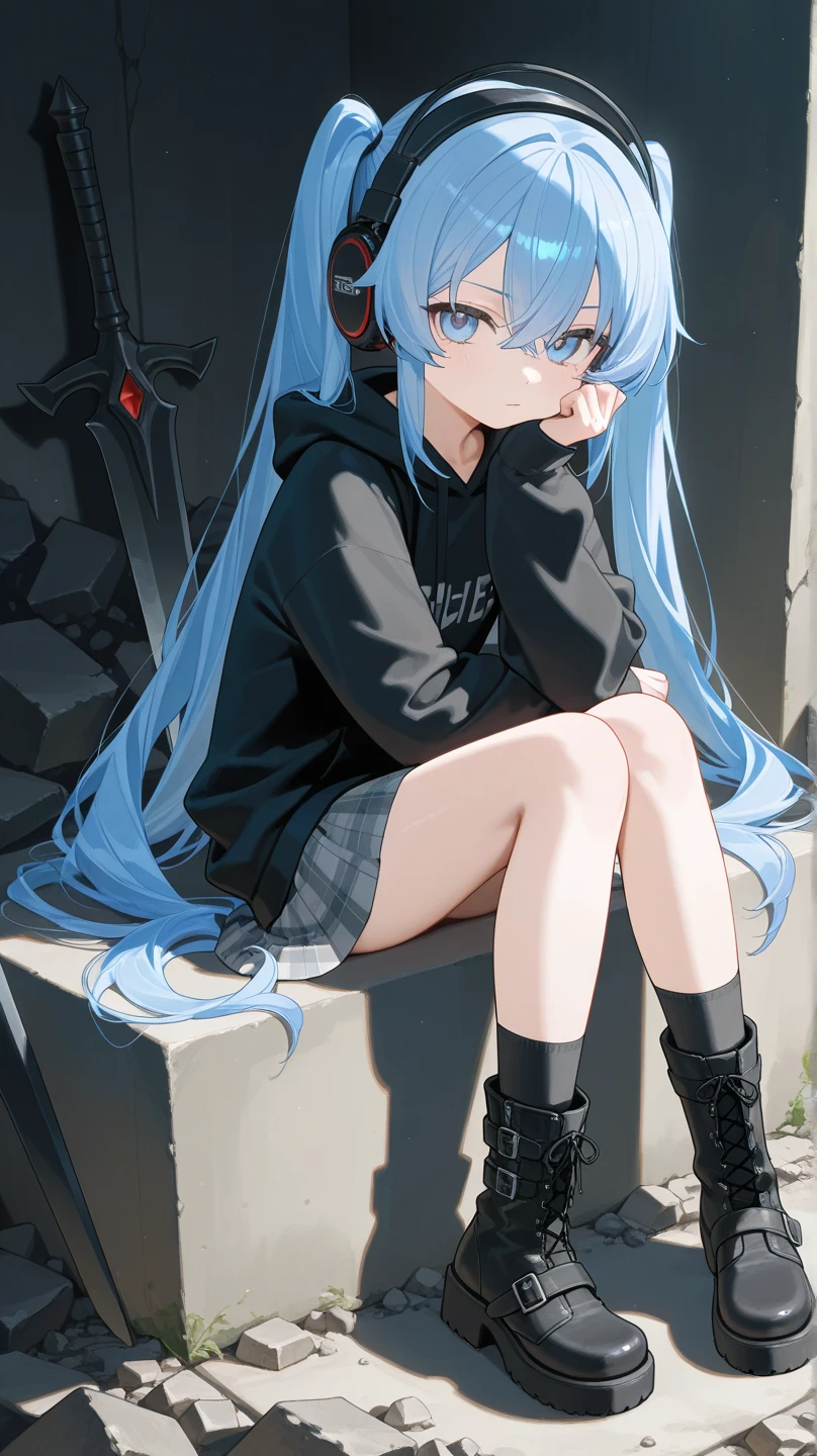 rezeroRem, Rem, blue eyes, Blue Hair, hair ornaments, Hair on one eye, hair ribbon, Long Hair, x hair ornaments,Baseball cap,Riders jacket　Open front,red v neck t shirt,mini skirt,Black knee socks,short boots,Sitting leaning against a wall,rain,Cloudy,Hiding under a roof,whole bodyがイラストに入るように,
break outdoors, Alley,
break looking at viewer, whole body,
break (masterpiece:1.2), Highest quality, High resolution, unity 8k wallpaper, (figure:0.8), (Beautiful attention to detail:1.6), extRemely detailed face, Perfect lighting, extRemely detailed CG, (Perfect hands, Perfect ???????),