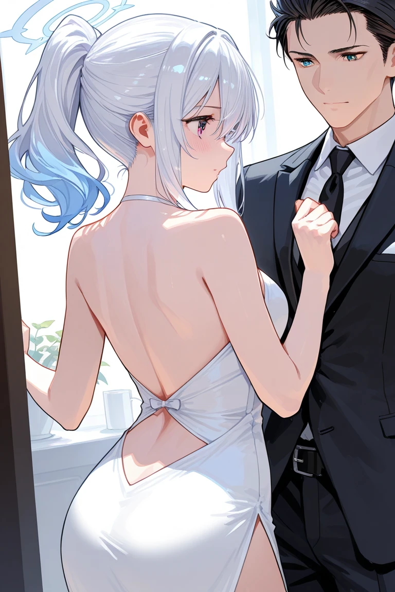 tmasterpiece, Best quality,  1 plump girl, 1 boy, flowers blooming, a skirt, The shirt, tics, flower bouquet, White flowers, collared shir, hair adornments, jaket, mitts, fail, formal, simple backgound, heterosexuality, holding bouquet of flowers, White jacket, hairflower, longer sleeves, bitch suit, shairband, Rose blanche, white  panties, trouser, Short hair details, whitegloves, look at another, greybackground, cropped shoulders, ssmile, black necktie, rosette, white business suit, wedding gown, put your hands on someone&#39;s face, White dress