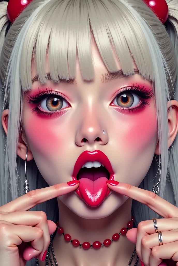 (masterpiece, best quality:1.2), jade style，1 beautiful chinese girl, solo，up-down view，helllady，((Best quality)), ((Masterpiece)), ((Realistic))，axial symmetry:2, magnificent ruby hell background in scarlet style，white mixed latex，sexy，eye shadow，detailed face，tongue out，close up，beautiful，detailed face，tongue piercing