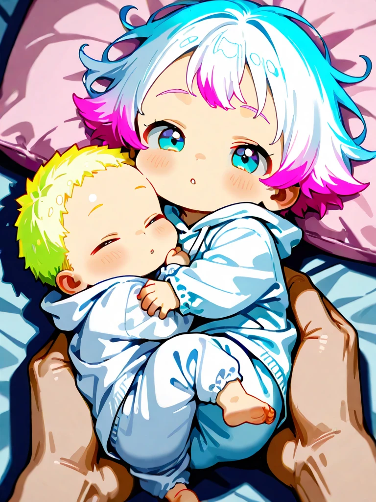 A teenage boy with white hair in a large nursery, (holding a baby pacifier), playing with baby toys, ((wearing a onesie)), drooling, ((wearing a diaper)), [[sleeping]], in a crib, holding a stuffed animal, high quality, extremely detailed, highly detailed, masterpiece, soft lighting, warm colors, pastel colors, adorable, cute,
