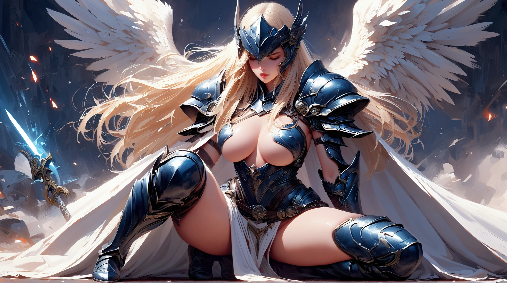 ((Massive beautiful, buff, pale white skinned muscular female saint knight with royal blue hair, black lipstick, ginormous bulky muscles, carrying a giant sword and wearing a royal blue Saint Seiya Gemini Armor)), (((close view))), large breast, massive muscles, massive biceps, hyper muscle shoulders, hyper muscle triceps, (long curly wavy hair), white eyes, (Paladin boots), (angel metal armor), breastplate, (angel gauntlets), (holy Shoulder armor), closed smile, (in a heavenly castle), Vascular arms, hyper muscles arms, hyper muscle legs, massive buff arms.