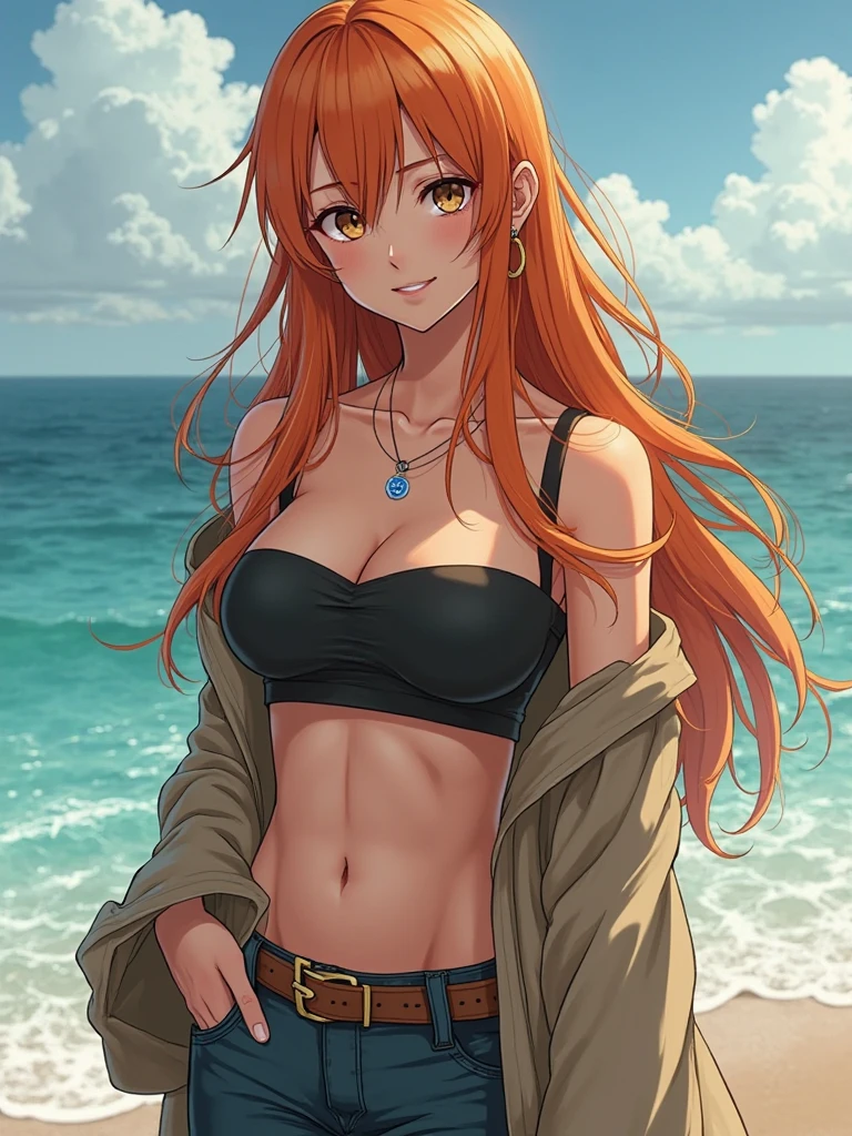 absurdres, high res, ultrasharp, 8K, {masterpiece}, expressive eyes, extremely detailed, best quality, perfect face, Stella Vermillion, 1girl, red eyes, long hair, yellow ribbon, red hair, hair ribbon, solo, beach, bikini, contrapposto,