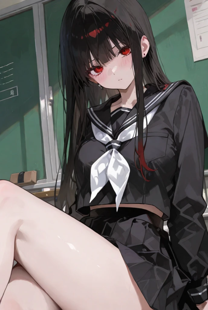 This is a picture of a girl that is mad at the viewer, masterpiece, 8k, highres, top-quality, Extremely detailed, black hair, dark red eyes,black shirt, black miniskirt, sharp eyes, sharp face, tsundere, very highly detailed bedroom, anime style