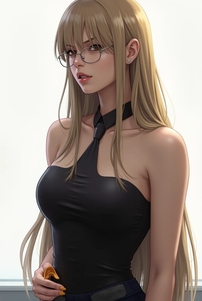 blonder woman, reading a book, wearing glasses, and in a black swimsuit 