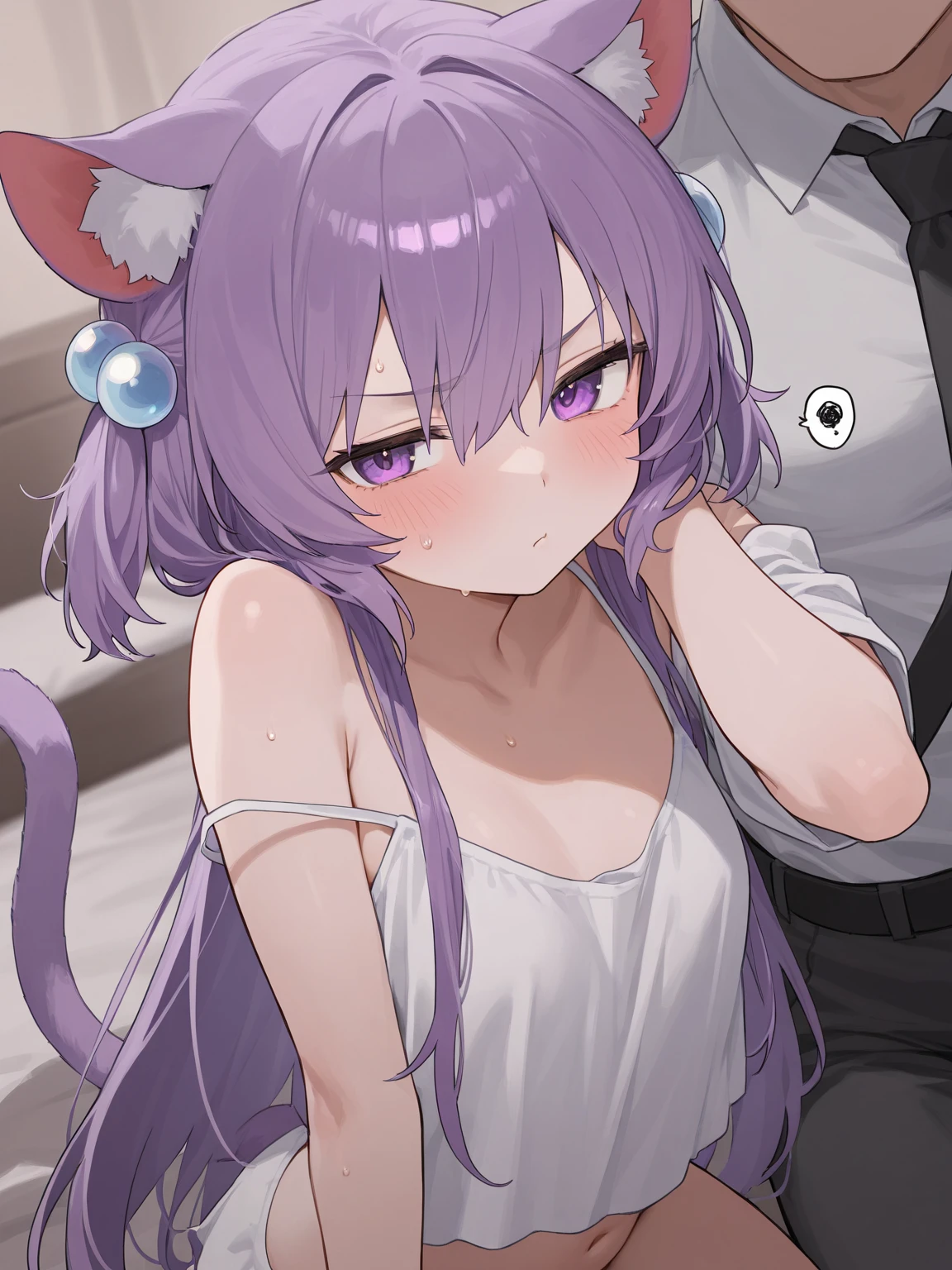 ((masterpiece)), (best quality), (ultra-detailed), photorealistic, (best illustration), ((an extremely delicate and beautiful)), 1boy, solo, long hair, lilac cat ears, [:lilac cat tail under:0.2], full body, very young, Cute, angry, eating muffin, territorial, hiding food from viewer, purple eyes, shortstack, aggressive ???, Crumbs on cheeks, glasses, serious face. 