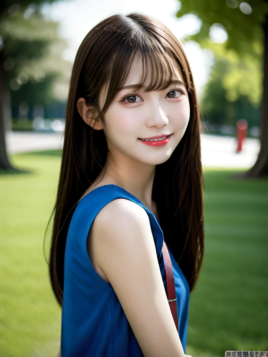 A beautiful woman enjoying a summer BBQ under a bright blue sky, holding a drink in one hand and smiling cutely, wearing casual summer clothes, surrounded by a vibrant outdoor setting with green grass and trees, warm sunlight illuminating her joyful expression, the atmosphere is lively and relaxed