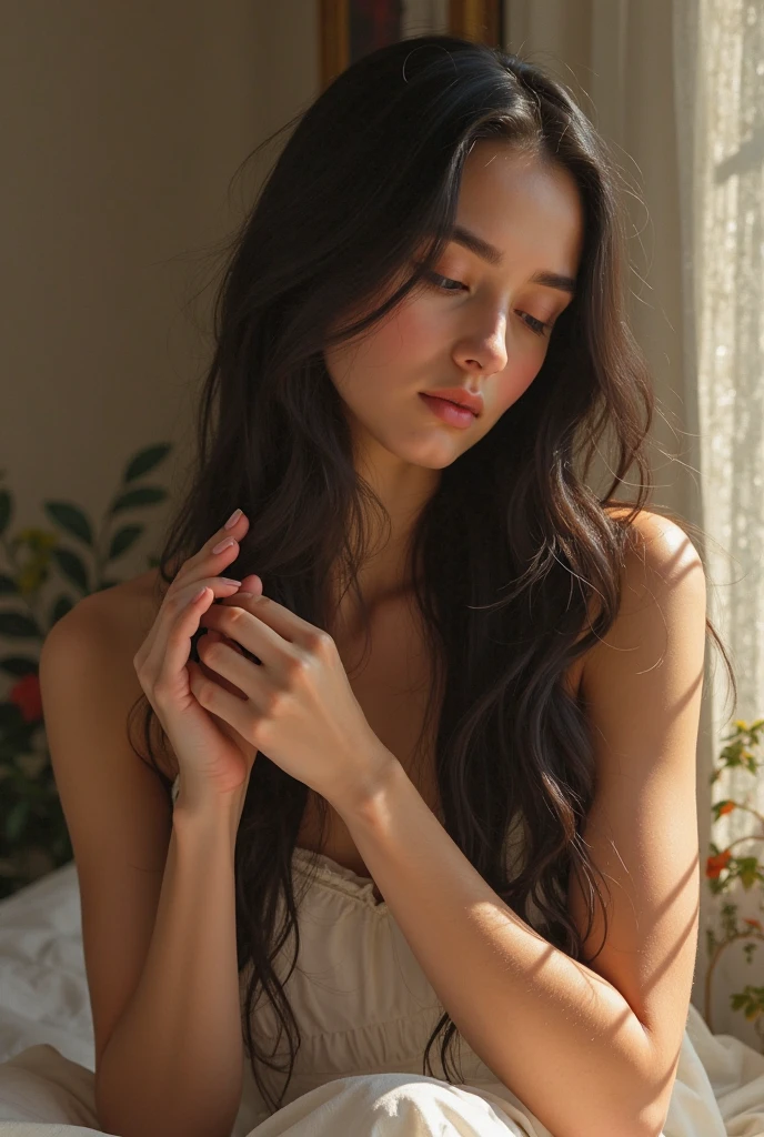 A woman on her back with waist length hair and boaw