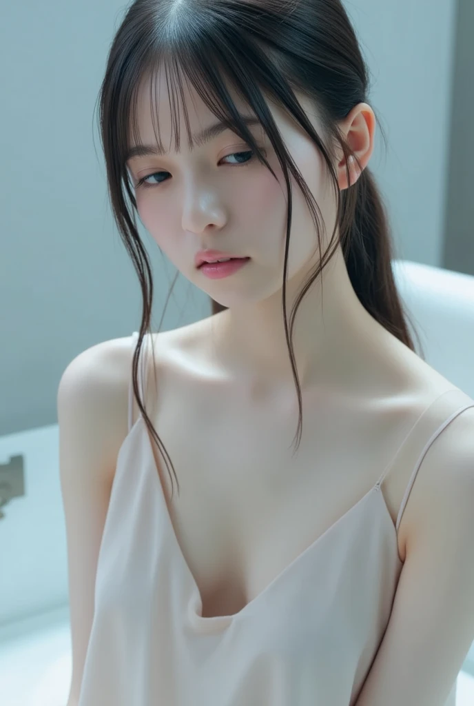 ((Wet hair after shower:1.3)), ((Bathroom shower booth)), ((Look at the camera with a slight smile)), ((long black hair:1.3)), tired expression, Intentional quality, very detailed 티커 통합 8k, 1 girl, korean girl, very beautiful face, (photo realistic:1.4),(masterpiece, 4K, 최Intentional quality, very detailed), photo현실적인 eyes, very detailed 얼굴, detailed lips, Ordinary Hand, shiny lips, glossy face, pale milky white porcelain skin, smooth translucent white skin, skin care brand photo shoot, Woman with porcelain skin