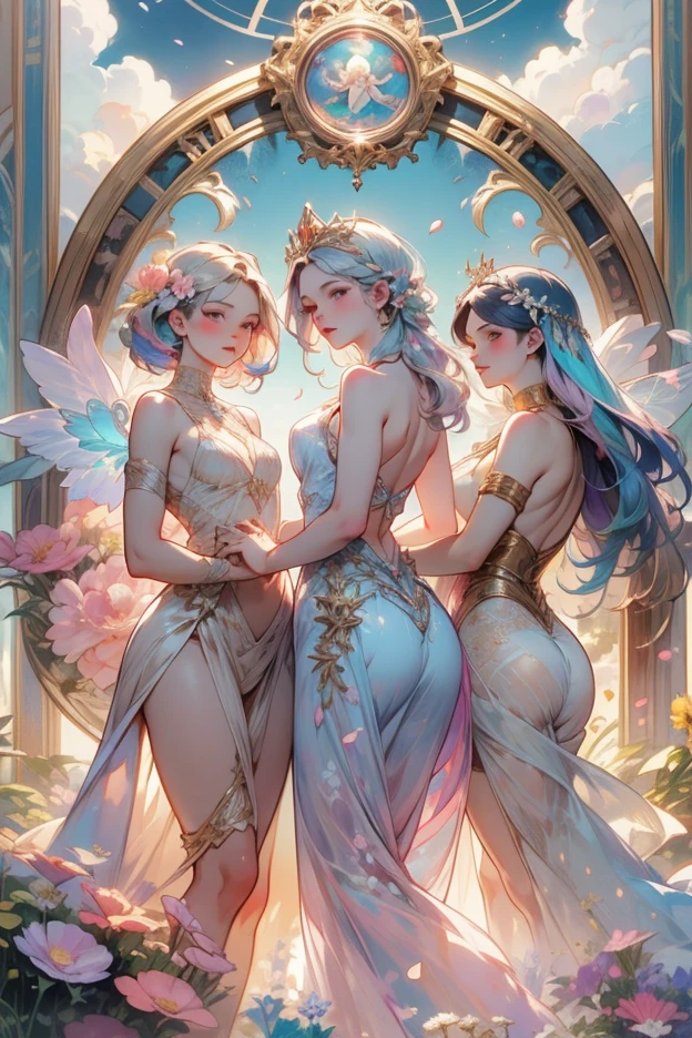 (masterpiece), (high quality)Two women, (perfect skin), perfect proportions, wearing translucent, flowing robes, meet in a heavenly bar immersed in soft lights. Their laughter resonates in harmony with the heavenly melody that flows through the room. As they hold glasses of sparkling nectar, their ethereal wings move gracefully, reflecting the joy that permeates the space. The atmosphere is one of celebration, where magical stories are shared with a twinkle in the eye, creating a festive gathering amid dancing stars and fairy laughter.