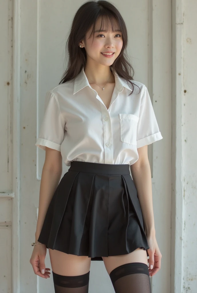 (8K high image quality), (top-quality), (RAW image quality),(masterpiece:1.2), (Realistic), (Photorealistic:1.37), Goose egg face,largeeyes,long eyelasher,Exquisite（Live-action realistic style）,The Ultimate Face,Photorealistic light and shadow,Clear facial features,milky skin,Fair skin, high detail skin,Realistic skin details,Visible Pore,（Super Detail,Hair length is random, （Flowing hair,Take the best portraits,Ultra-detailed, 1-girl, Cute,Beautiful detailed eyes, beautiful detailed nose, highly detailed skin,Full body ,(eyecontact),(Colossal tits、Breast Abundance)、(Beautiful face with double eyelids),((fullbody image)), seductive expression, (Realism: 1.4),High image quality, excellent details, Ultra-high resolution, (Show your audience your best smile), , favor details, High condensation,delicate and beautiful face,,20yr old,(Beautiful Face 1.4),A slender、(Plaid pleated skirt:1.2),,((Scenery with an autumn atmosphere)),Filmed in the city,(It's a full-body shot.),The color of the shirt is random,The color of the skirt is random