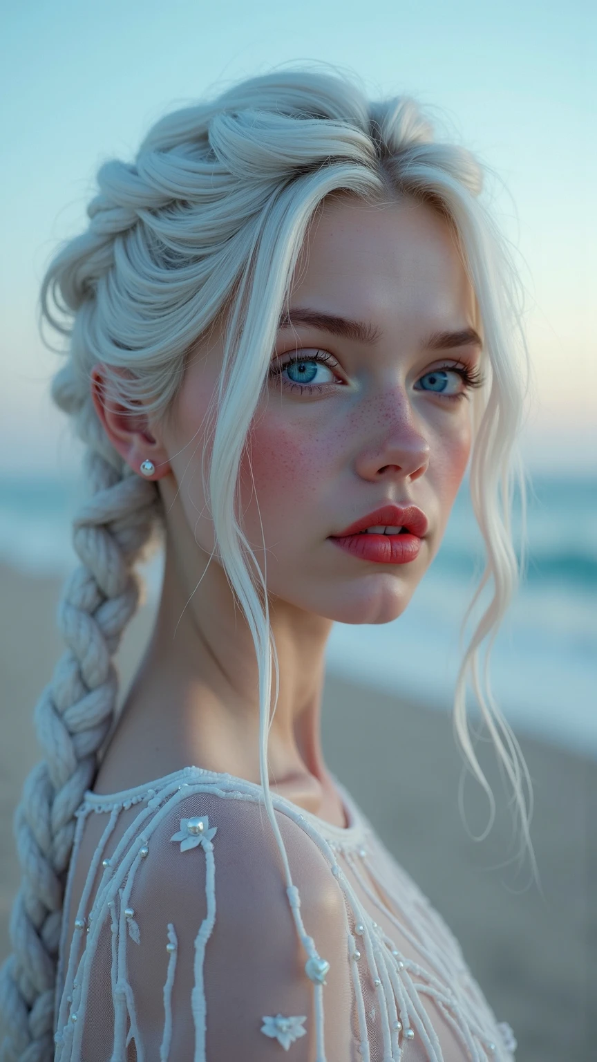 Silver Hair、Light blue eyes、Braid、Ruffled swimsuit