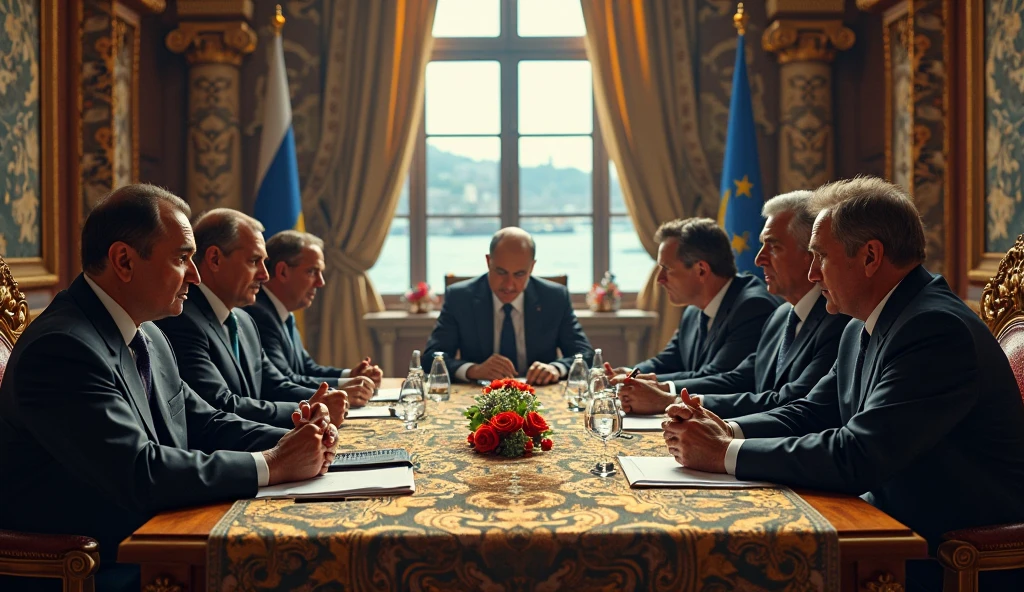 Create an image of an old, well-lit living room with French flags, Germany, England, United States and Russia, with people representing the countries that signed the Treaty of Versailles in 1919, dressed in old clothes, Talking and signing the treaty.