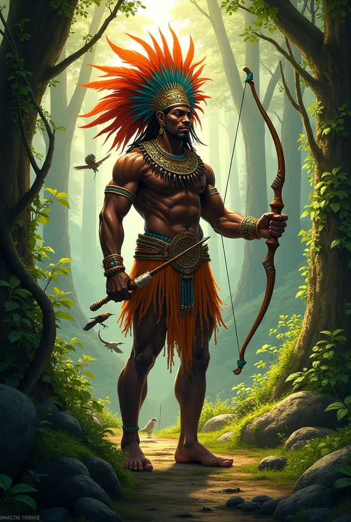 Orisha Oxossi in black shooting 7 arrows , with feathers on the head 
