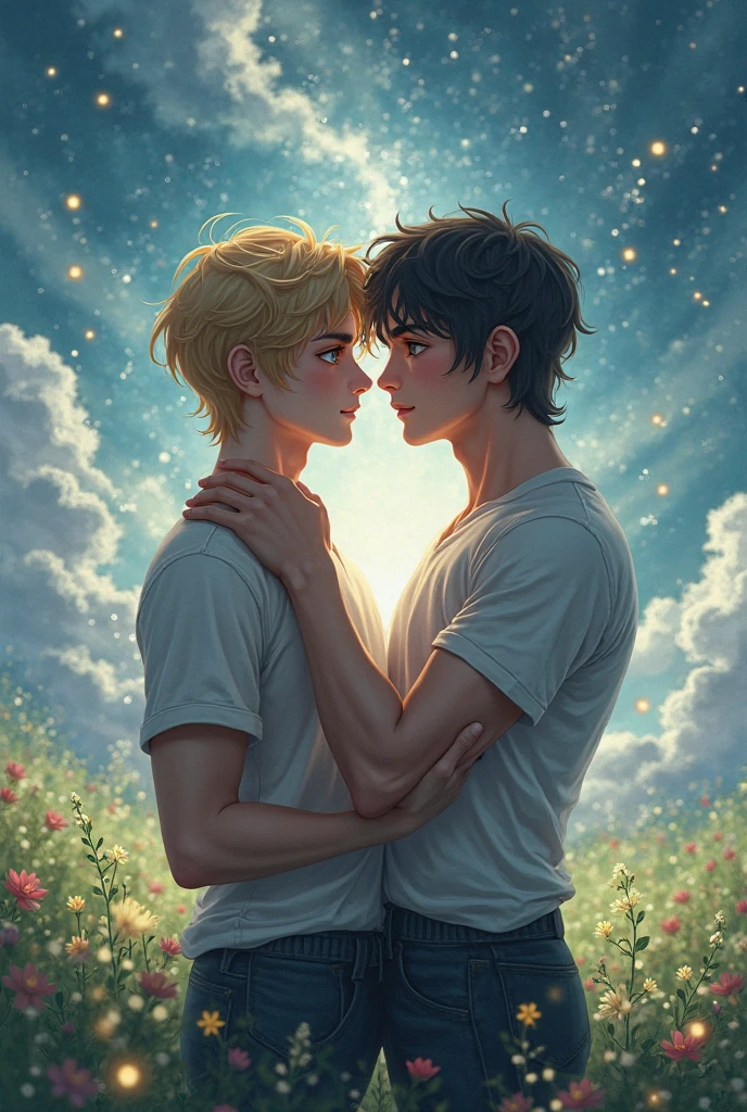 Two men kissing with elf ears and fairy wings they are naked they are sweaty and in love they are both very handsome men they are in a field of white flowers the art has to be in the anime style yaoi Hot