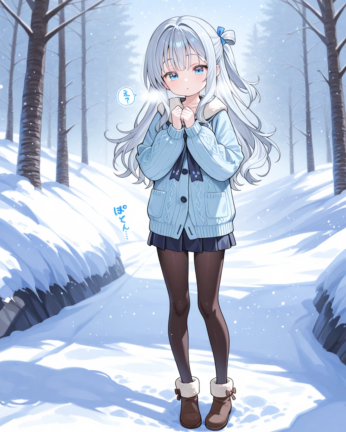((((small))))、Female elementary school student、Fifth grader 、silver hair、 blue eye、half up、Fair skin、sound effect、outside、snowy mountains、winter、full body、Snowstorm、standing、winter制服ミニスカート、Cardigan、tights