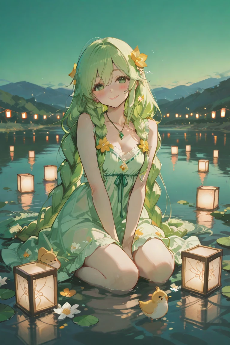 masterpiece, key anime visual, HDR, best quality, hi-res, (1 anime girl with red eyes and white skin), adolescent, (((light green hair))), (((straight hair that goes to her knees))), wearing a plain white sleeveless mini dress, wearing tan sandals with no socks, (((small breast))), in a garden, happy face, cute, looking up at camera, body angled, kneeling, bangs part left, left part, asymmetrical bang, wavy hair on both sides of her face that goes to her elbows, 1 single silver heart necklace on thin silver chain,