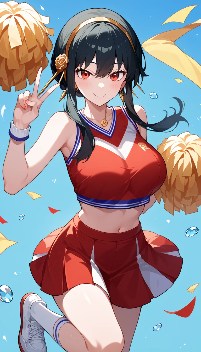 yor briar, 1girl, backlighting, bare shoulders, black hair, breasts, huge breasts, huge ass, huge thighs, narrow waist, wide hips, thick thighs, curvy, cleavage, closed mouth, earrings, floating hair, f gold earrings, gold hairband, hair flower, hair ornament, hairband,  long hair, looking at viewer, hands in the air, jumping, pompoms, cheerleader, cheerleader outfit, mini skirt, exposed midriff, underboob, bouncing breasts, collar,blushing,sweating, (breathing hard), (panting), anime, farm, smile, red eyes,  short hair with long locks, sidelocks, solo, ((masterpiece))