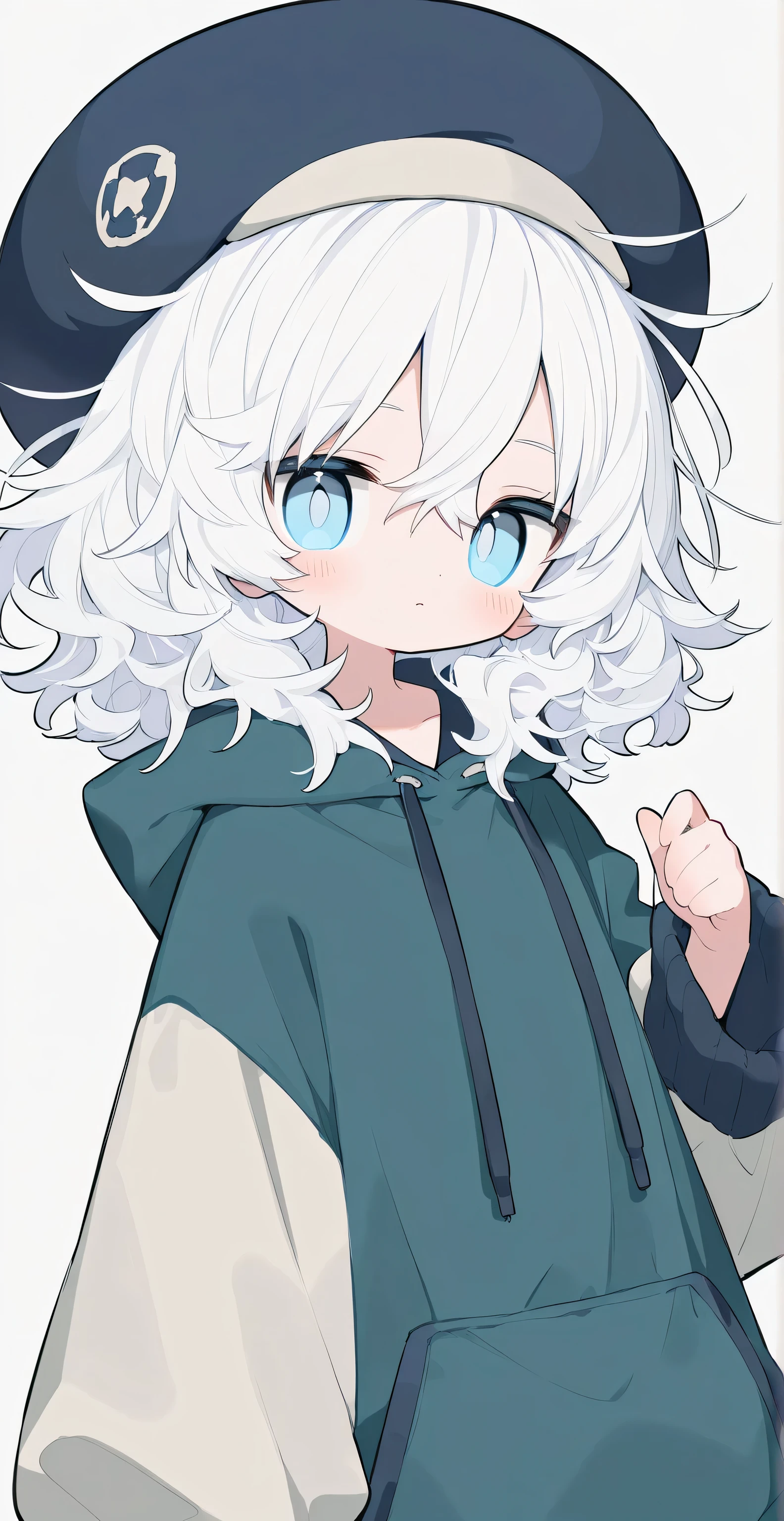 White hair, messy hair, medium hair, big volume hair, wavy hair, light blue eyes, oversized hoodie, round cap