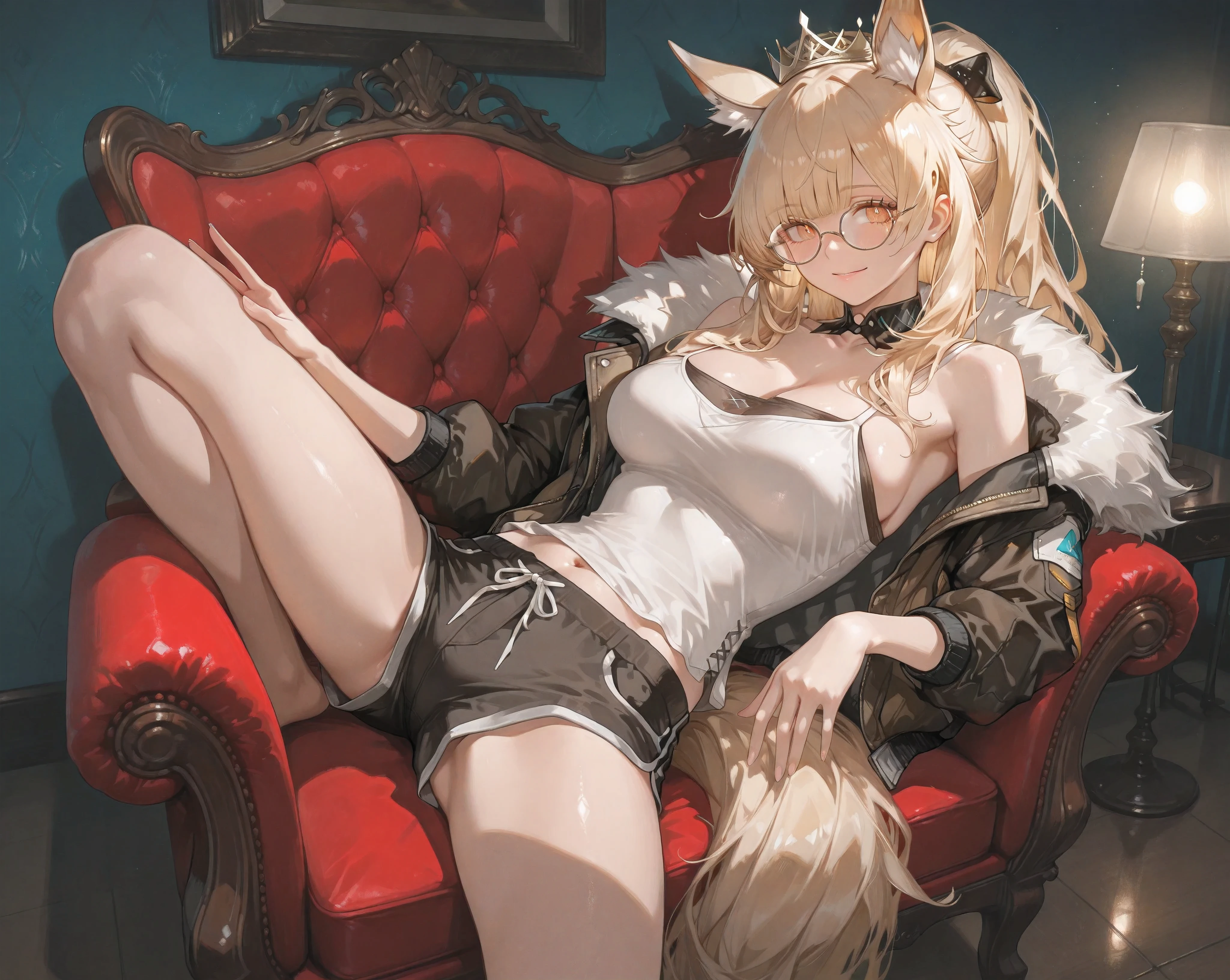 (NSFW:1.1), A Realistic image, extremely sharp focus, crisp details, high resolution, low light, 4K, 8K. (correct anatomy and detailed hand). A wide angle shot, side view, a detailed, high quality rendering of blemishine_\(arknights\). She wears beautiful, detailed round eyeglasses, she wears a camisole, bomber jacket and shorts. She has a beautiful large breasts. She has a beautiful face details, a beautiful detailed yellow eyes, blonde hair, ponytail, hair bow, crown, detailed hands, five fingers and a real human skin, her expression is happy and she looks at the viewer. A cozy living room illuminated primarily by the soft, dim cinematic light of a floor lamp tucked behind an armchair, spreads leg. The light gently washes over the surrounding furniture and casts long, subtle shadows on the walls, cold color pallete. the background has highest detail, detailed background and depth of field.