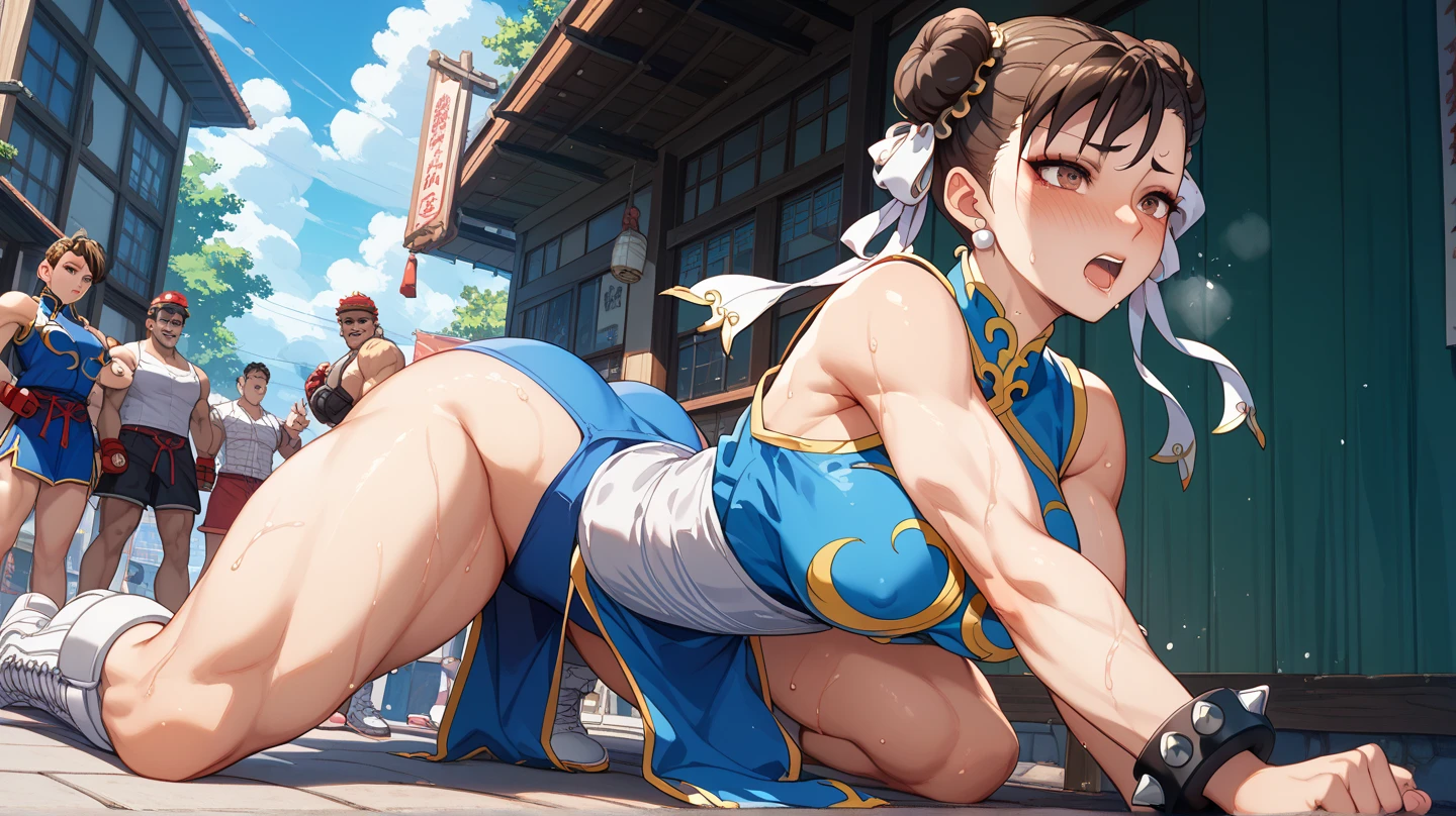 ((masterpiece,best qualtiy)),1girl,solo,ChunLi,pink chinese dress,ultra miniskirt,beautiful night street background,24yo, sharp eyes, medium breasts, toned, 8k, full body, ambient lighting, underboob, ring, arn thick thighs, detailed legs, flexible, (standing on one leg:1.2), (standing split:1.3), muscular, hand holding one leg up,park background,nsfw,cameltoe,erected nipples,micro panties,red blush、erected clit