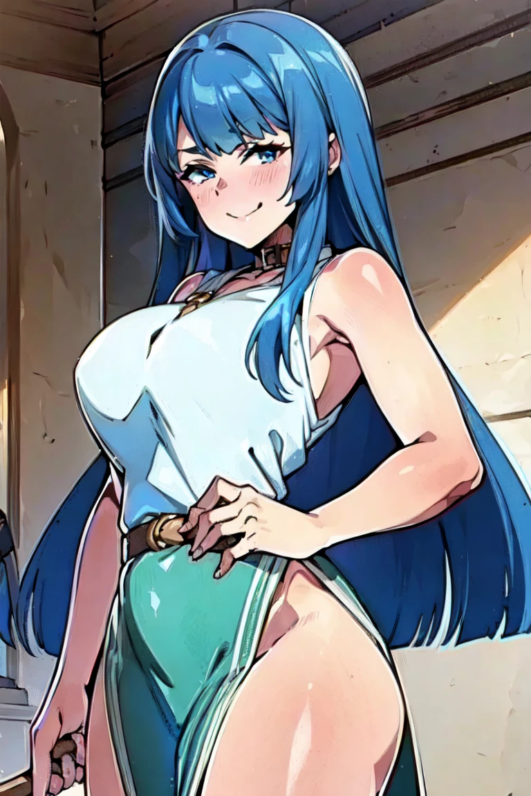 Panties in full view、Underwear in full view、Big Breasts、Blue Panties、Panties in full view、MiniskirtFullNude,Armpit show,flora \(dq5\),Long hair,half updo,white thighhig,1girl in, solo, face to the viewer, Looking at Viewer, Smile,nighttime scene