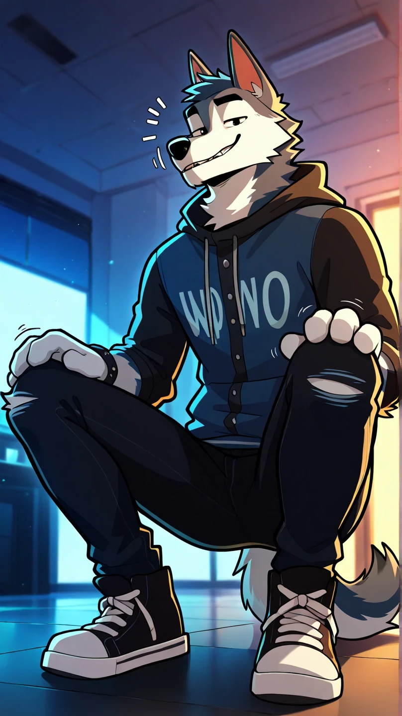 depth of field, disconnected background, eye Reflections, Reflections, Dutch Angle, anthropomorphic, adult, hairy, furry, no human, wolf tail, Sound effect , seductive expression, SEDUCTIVE Look, Sound effect , motion lines, by gr3yyy , black eyes, Masterpiece, better quality, amazing quality, very aesthetic, absurd, NEW , male focus, 1 , hairy, HUSKY , Alone , male, wolf tail, animal ears, ripped skinny jeans , of 19 around neck, of 19, dog niño , orejas de dog, full body buttons, hood, dog' camisa sin mangas blue claro, shake, Shoes , blue , bracelet, panties hands on knees, , watching the spectator, squatting, Forehead position, squatting posture, Alone, wolf ears.
