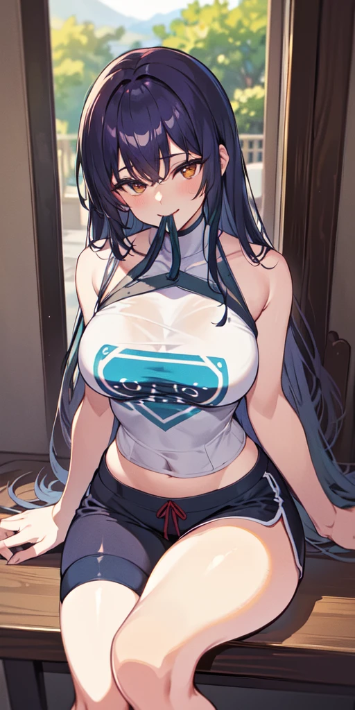 Hinata aus Naruto, white t - shirt, nasses T-Shirt, schwarzer String, an der Wand gelehnt, in die Kamera guckend, vollschlank, wet body, Beine spreizend, Kurven , 8K, big boobs
