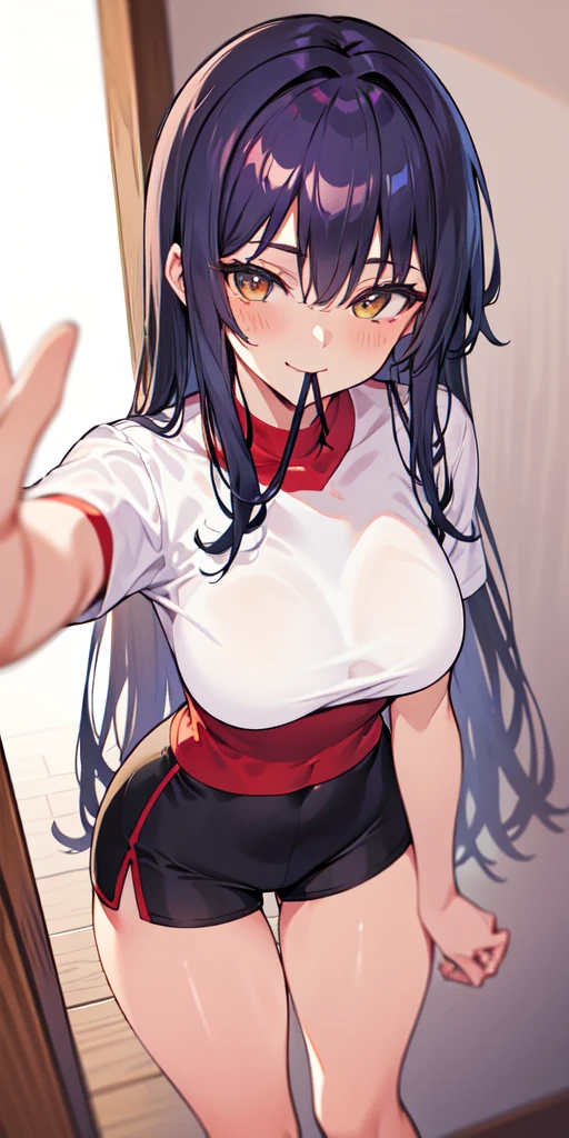 (masterpiece, high quality, highres:1),1girl,solo,breasts,pov doorway, open door, doorway, false smile,standing, (sweat:1.3) ,fog,bikini, short shorts, denim shorts, pokemoncarmine, mole under eye, hairband, flustered,panicking,rushing,long hair,forced smile,half-closed eyes, ntrgao,dark,shaded face,despair, from above, (covered nipple), necklace, earrings, (makeup:1.3), (pubic hair:1.2), pussy juice, oily skin, gleaming skin, shiny skin