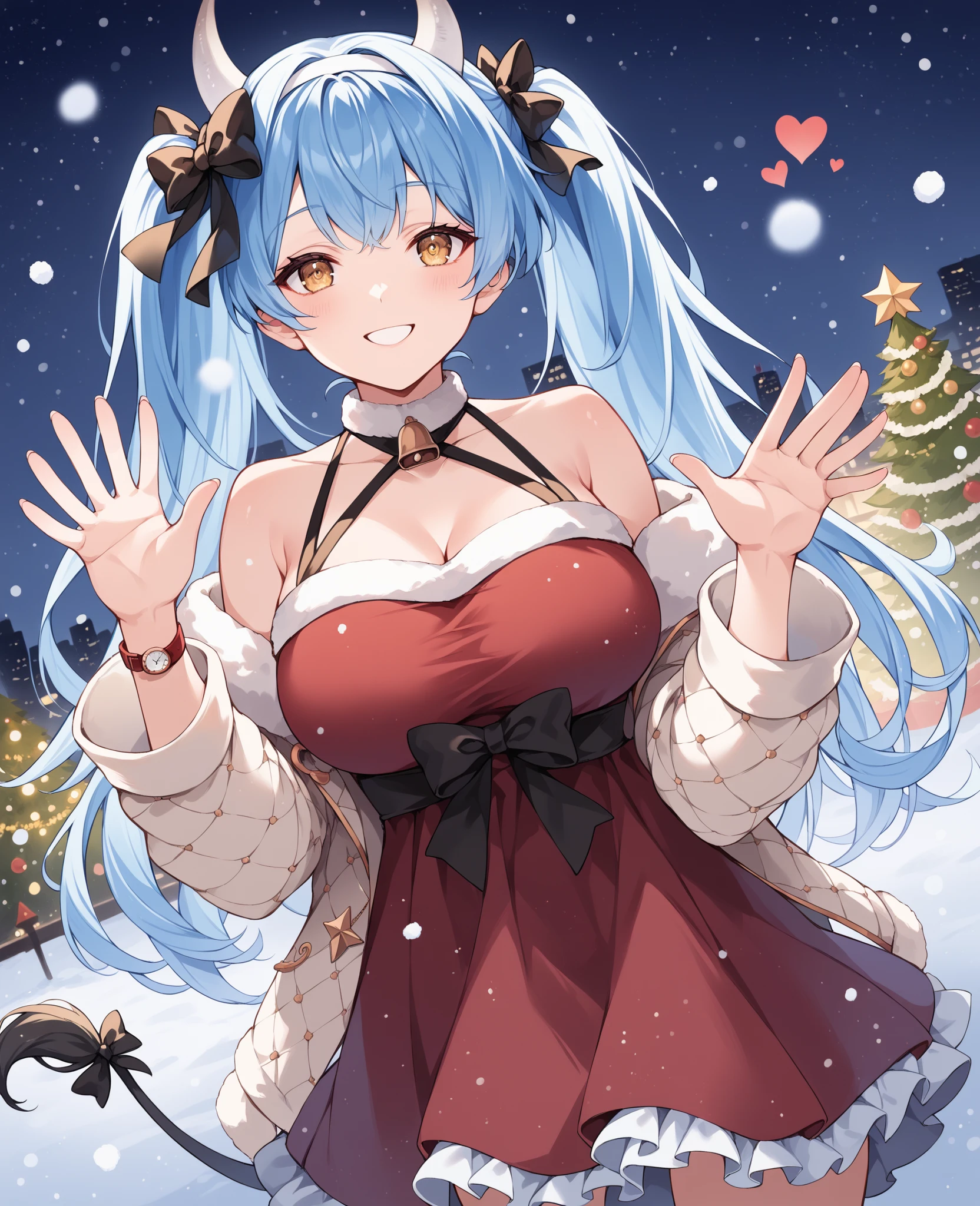 1 girl, GameCG, Santa Claus set, shoulders are visible, Cleavage visible, Navel visible, Santa hat, humongous large breast, lightblue hair, mid hair, Both sides face up, eBlue eyes,Christmas background, dynamic, ssmile,