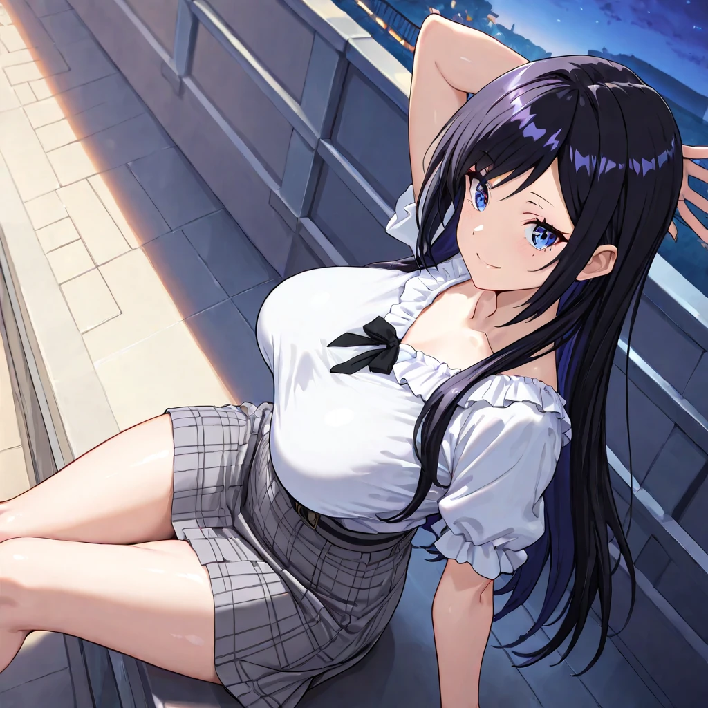 A rainbow in the blue sky,Masochist attribute,Fukuhara Ai Image,Purple long hair,Large Breasts,Wear a skirt,Sweat,training