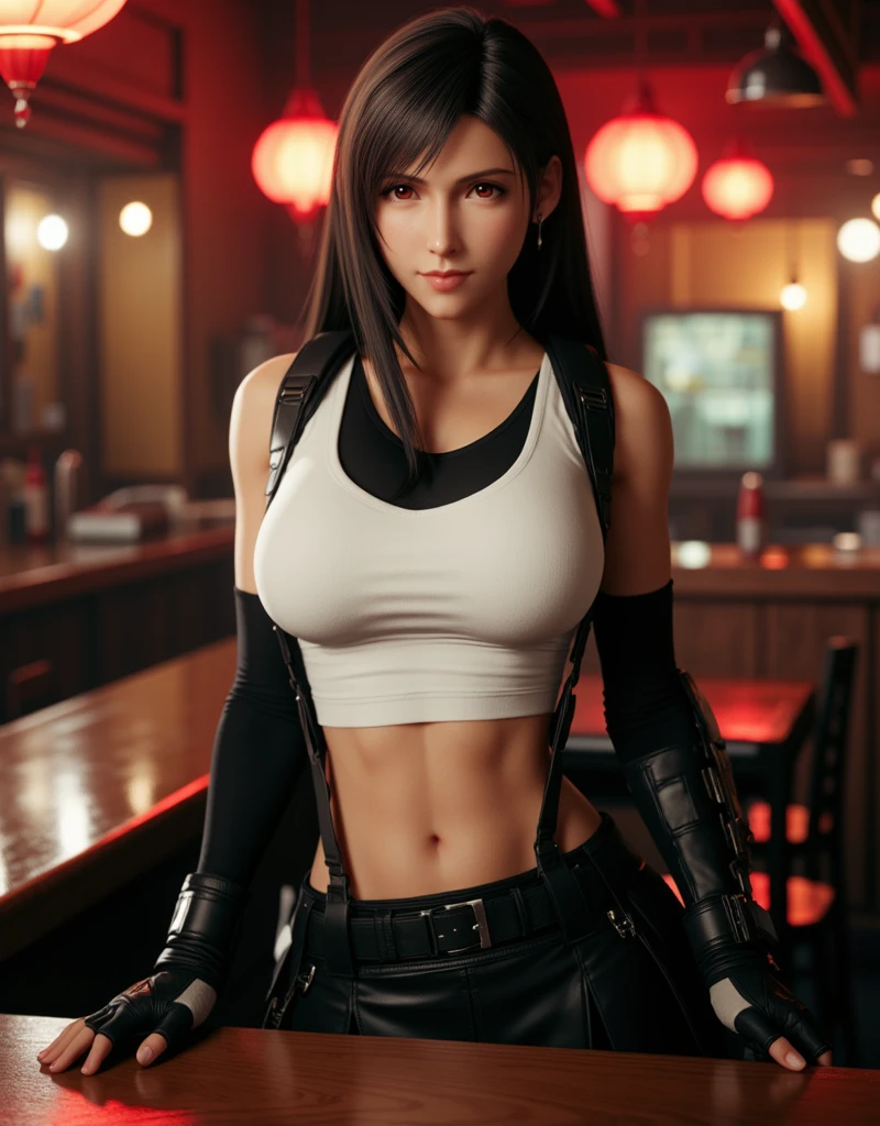 8k,masterpiece, bset quality,big, (1 girl), tifa lockhart, red_eyes, black hair, long hair, shiny skin, shiny big, ((best quality)), crisp focus: 1.2, highly detailed face and skin texture, detailed eyes, perfect face, perfect body, art, cg, blur background, big with presence, (20yo, mature cool and beautiful face), wearing (((suspender black skirt)),(( black elbow gloves, white taut shirt, thigh, white tank top, navel, blush)), jukebox, old bar, upper body, smile, professional light source, fluttering hair, random angle,