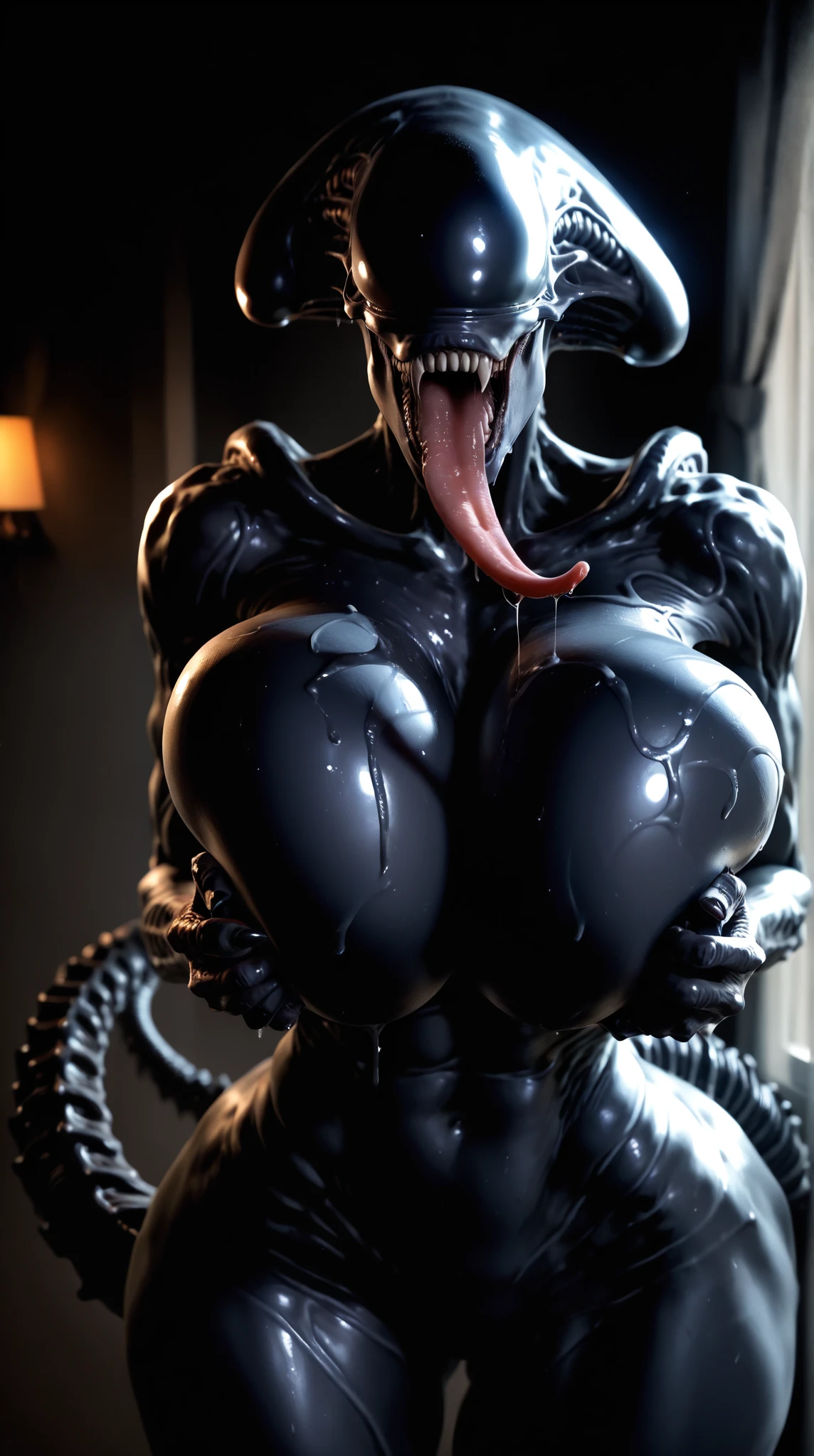 venom, symbiote, female, black body, open mouth, sharp teeth, long tongue, big breasts, massive breasts, slim, pov, city, photo-realistic, titfuck, huge round breasts, holding breasts