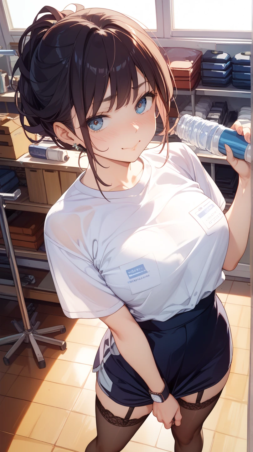 A hot shy young woman with massive breasts, short pixie hair, no pants, loose baggy shirt