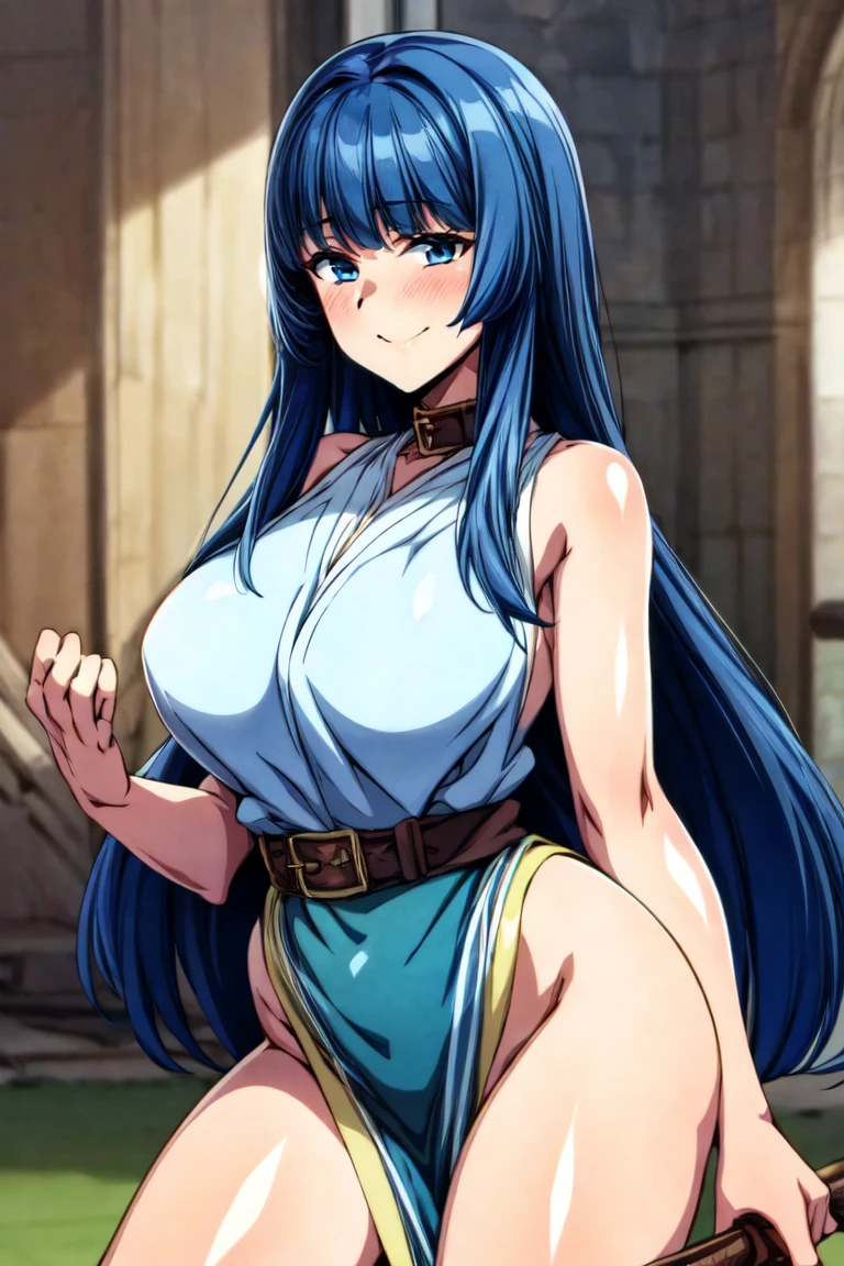 Bigbreast,long hair,blue hair,thicc tigh,smile,look at viewer,blush,indoor,wizard attire,cleaveage