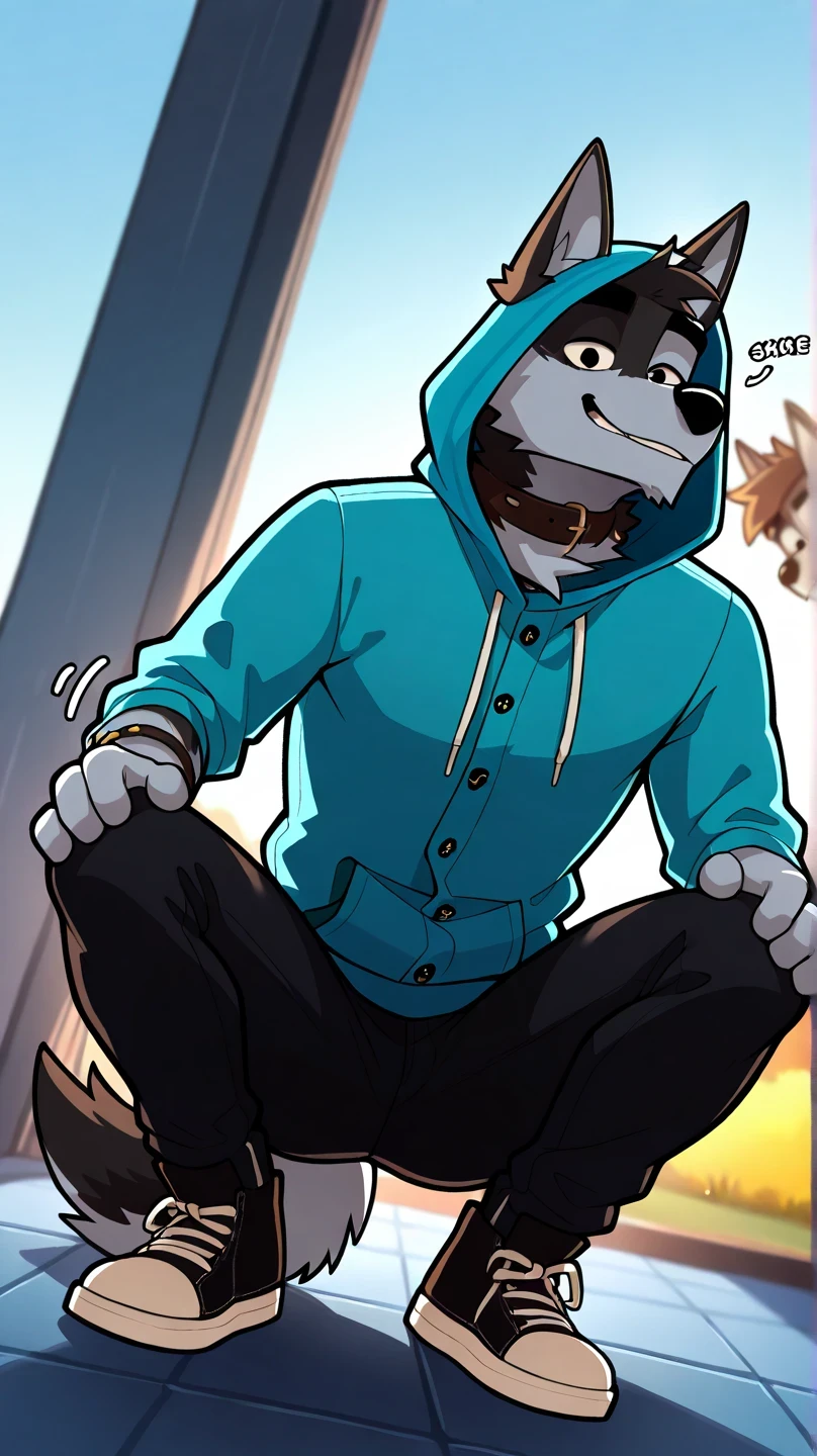    depth of field, disconnected background, eye Reflections, Reflections,   Dutch Angle, anthropomorphic, adult,    hairy,  furry, no human, wolf tail,     Sound effect    ,   seductive expression, SEDUCTIVE Look,     Sound effect    , motion lines,   by gr3yyy    , black eyes, Masterpiece, better quality, amazing quality, very aesthetic,    absurd, NEW ,  male focus, 1 ,    hairy, wolf , Alone ,   male, wolf tail, animal ears,  ripped skinny jeans , of 19 around neck, of 19, dog niño  , orejas de dog, full body buttons, hood, dog&#39;  camisa sin mangas blue claro, shake,     Shoes , blue , bracelet, panties hands on knees, , watching the spectator, squatting, Forehead position, squatting posture, Alone, wolf ears.