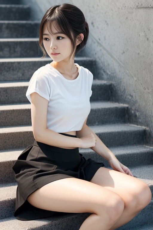 (8K, Raw photography, top-quality, masterpiece:1.2), One Woman、Japan at 24 years old,fullllbody.(Realistic Skins 1.4) 、(((hi-school girl、in school uniform)))、50mm Lens、30mm film、(a short bob、short-cut、bobhair、)(A dark-haired、The forehead is hidden by bangs、)、Black eyes、shinny skin.Beautiful delicate face、Beautiful delicate eyes、Thicker thighs、Voluptuous body shape、One piercing in each ear、simple background、Gray background、