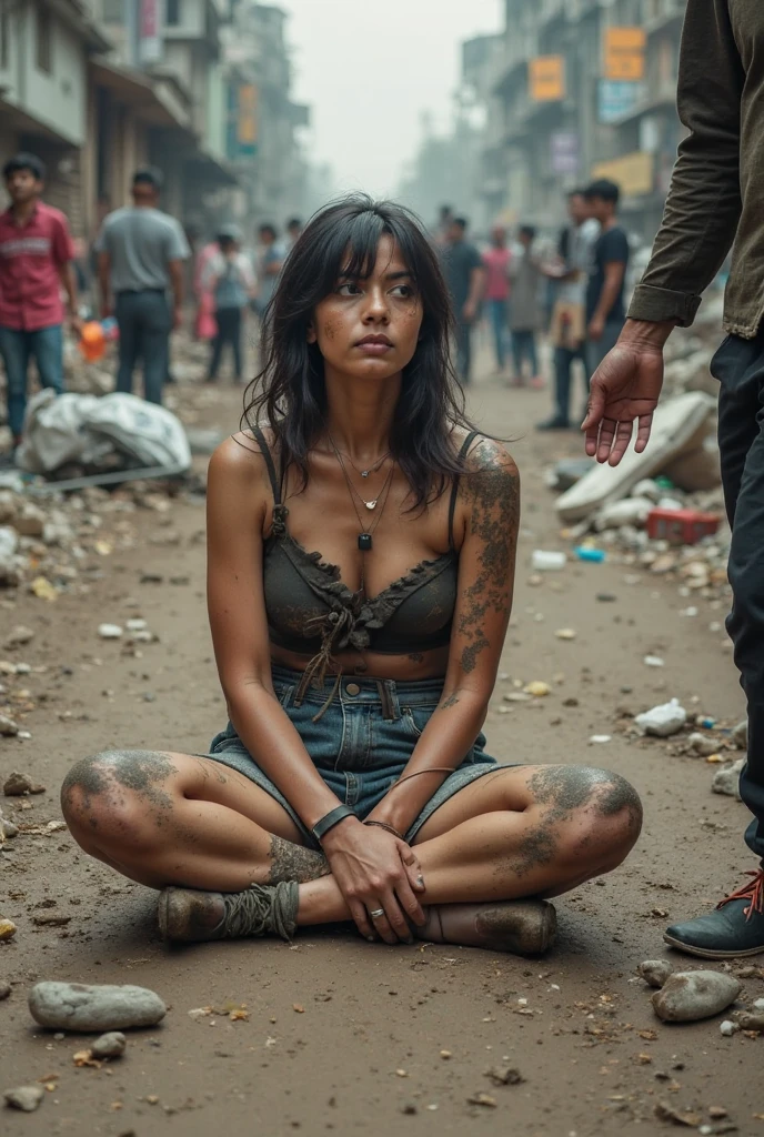 Ugly poor homeless woman sitting in the side of a road, old dirty torn clothes, partial cleavage, sad, old, dirty skin, dirty clothes, ugly, non nude , photo taken from distance, detailed, Indian, garbage in the street, wide angle 