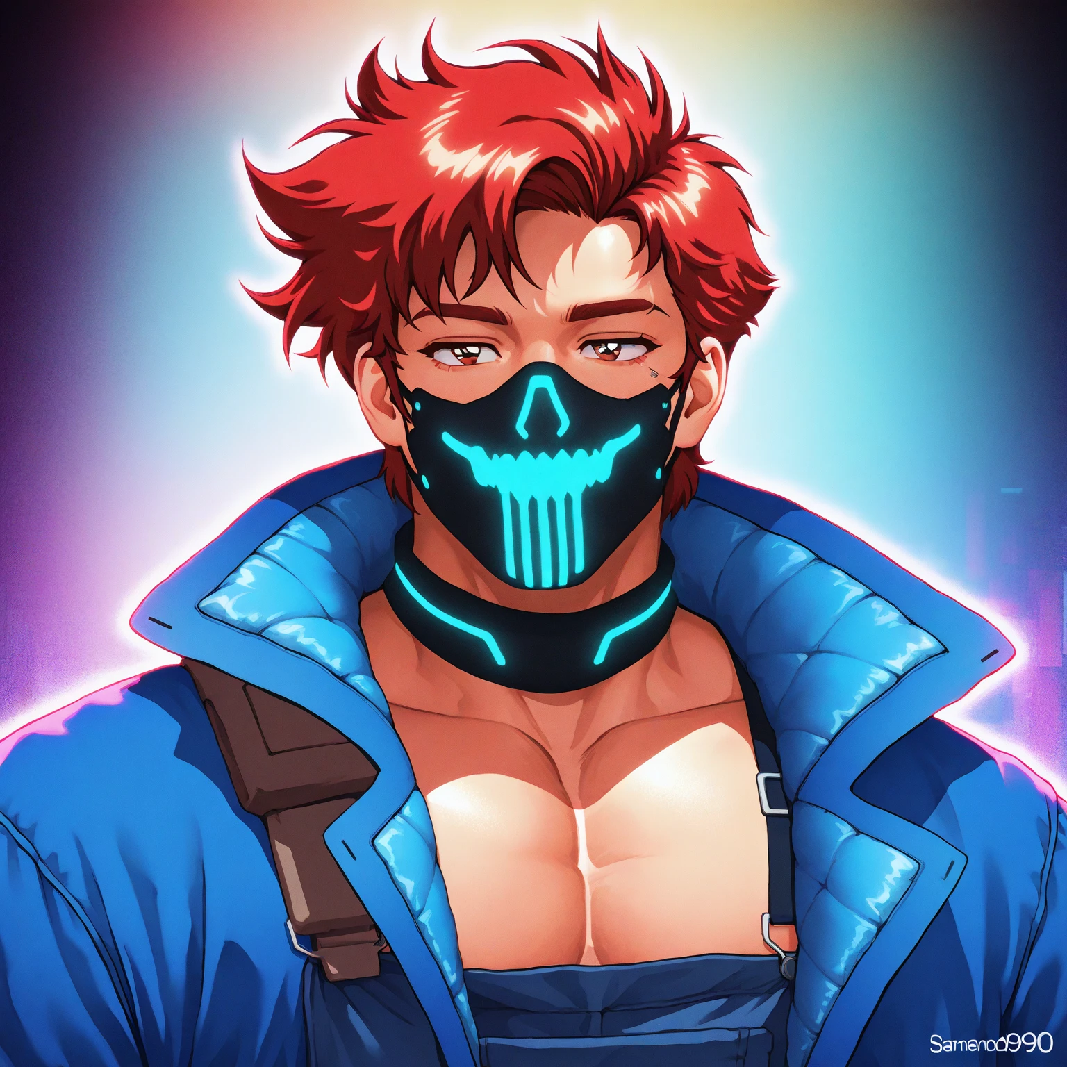 1man, ugly dude, bronze skin, strong build body, short haircut, red hair, rugged man, lilac eyes, toned hunk, small stubble, strong square jaw, greek nose shape, ordinary, 30yo, broad waist, ideal ratio body proportions, male cumrag, BREAK solo, blue T-shirt, horny face, intense look, Lewd smile, fearless gaze, natural standing, BREAK cityboy in eroge style, in 2000s visual novel style, extreme all detailed, masterpiece, best quality, BREAK score_9, source_anime, score_8_up, score_7_up, score_6_up, score_5_up, score_4_up