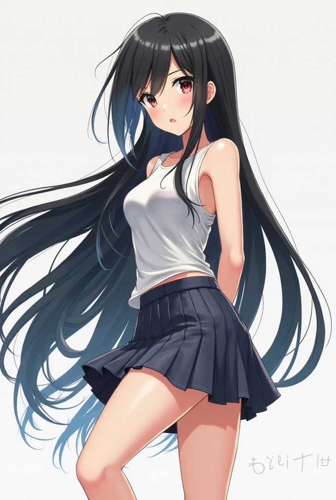 1girl, slim, not tall, very long dark hair, blue eyes, sweet expression on here face, dressed in a skirt uncovering her legs, a white blouse slightly unbuttoned, a buxom bosom can be glimpsed, with one hand she holds down the fluttering skirt at the front, very very beautiful legs (((hyperealism)))