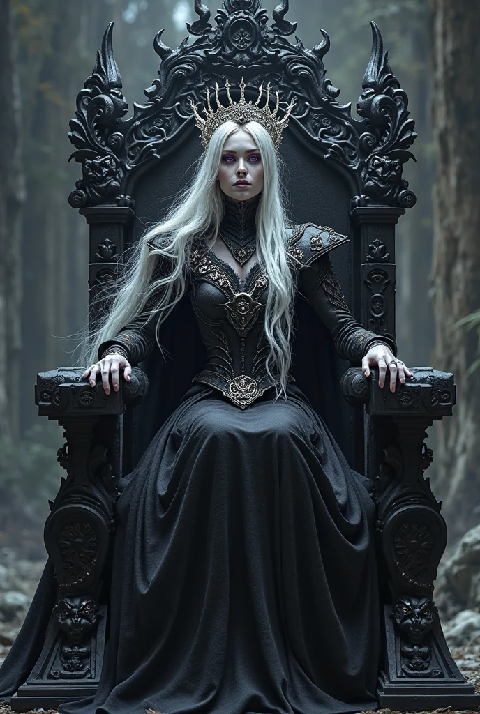 Stunning vampire girl with long straight bright white hair stands in front of an ancient gothic cathedral, her sharp cheekbones and perfect pale skin are illuminated by the moonlight, intense and alluring, detailed smoky eye makeup, captivating vampire eyes, lush voluminous eyelashes, in a short black dress with gold chains, black, Like night, crowned as goddess of darkness, surrounded by gothic details, gold and silver accents, realistic high resolution photo, 4K.