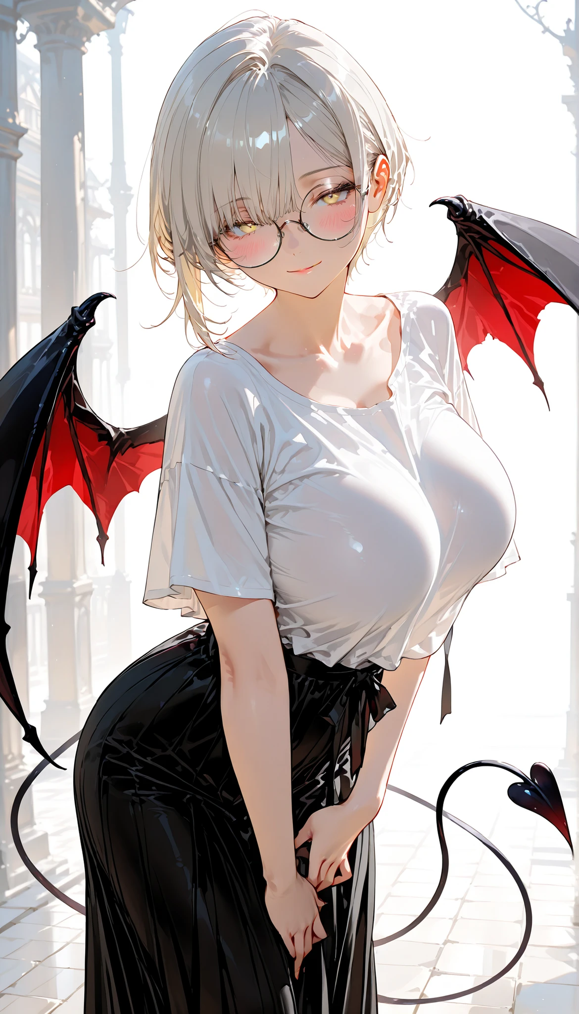 top quality, masterpiece, ultra-precise, ((top quality, masterpiece:1.3)), (sharp focus:1.2), (A beautiful, mature woman with a perfect body, seductive), (blonde eyes), (round glasses), (선명한 눈매), (curl hair, very short hair, light black hair, bangs), (small demon wing, Loose fit short sleeve t-shirt, long skirt), (park), blush, (large breasts), light smile, feet out of frame.