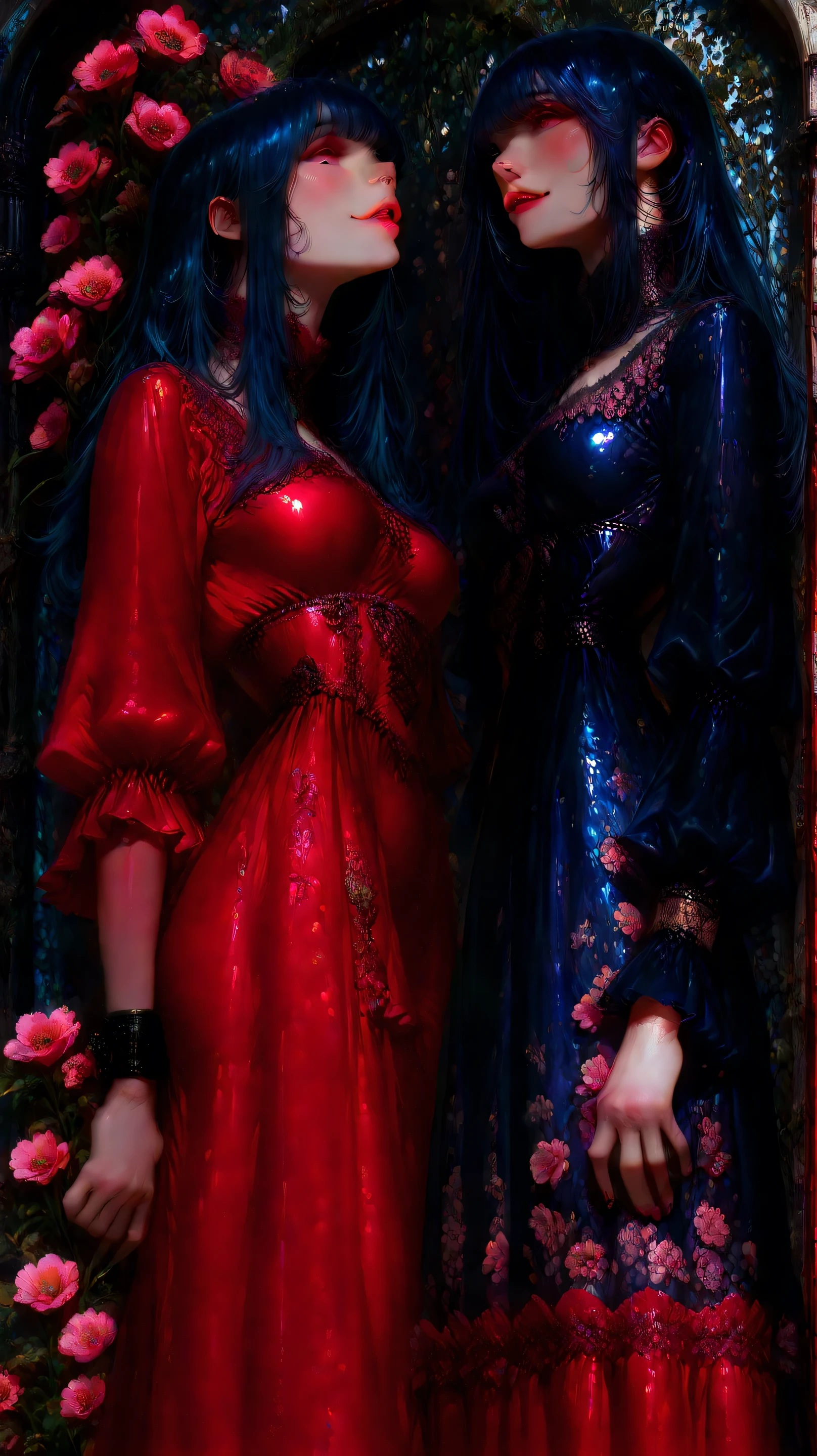Two woman in the translucent night gown, half naked, nipple on with nipple piercing, shibari,body hanging, tied with red satin rope,wearing satin hijab, full body,mermaid tight long gown, flowy dramatic long gown,very long flor length gown, tall women, sexy face, sexy pose, wear high heels, masterpice