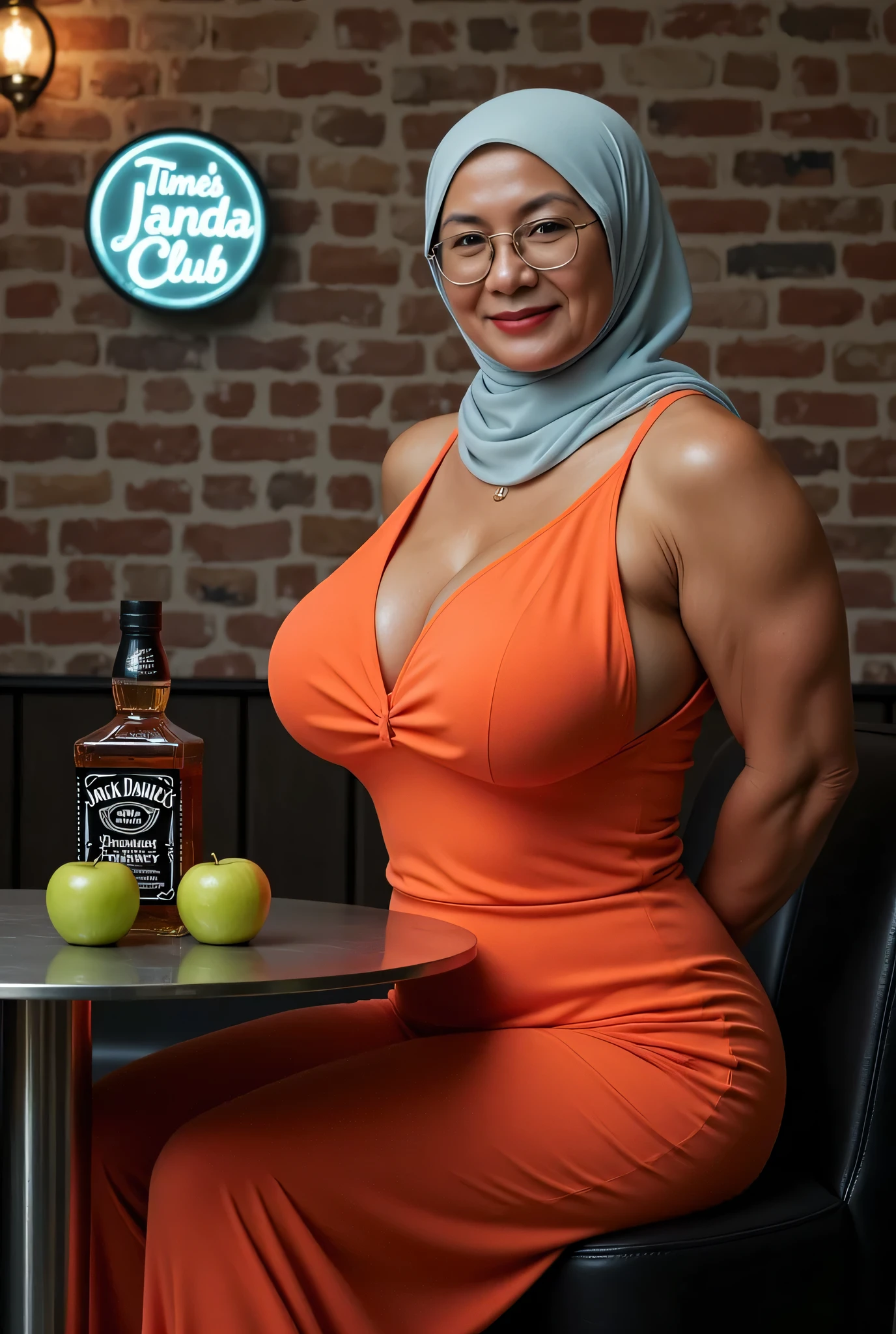 SUPER OLD LADY, (Thighs and calves huge muscles), (((MOODY FACE EXPRESSION))), "Wearing Hijab perfectly", wearing Scoop Neck Sleeveless neon oren Bodysuits singlet swimsuit , (KEDUA BELAH TANGAN DILETAK LETAKKAN DIBELAKANG PUNGGUNG) PLEASE DON'T PUT ANYTHING ROPE!!!,
BBW OVERWEIGHT PLUMP HIJAB INDO MALAY Jumbo (Singlet ), 1 girl, 'MOODY FACE EXPRESSION', Half body portrait, (face details: 1), (Eye details: 1), ((Big breasts)). ultra high res. realistic: 1.4, UHD, ((bigger:2.3)), (((dark background))), Background worn old brick wall , arms Bodybuilder , round Signboard 'Time's Janda Club's neon light at wall, Sitting on a round table stainless steel A Bottle of Whiskey 'Jack Daniels and two green apple' Above it