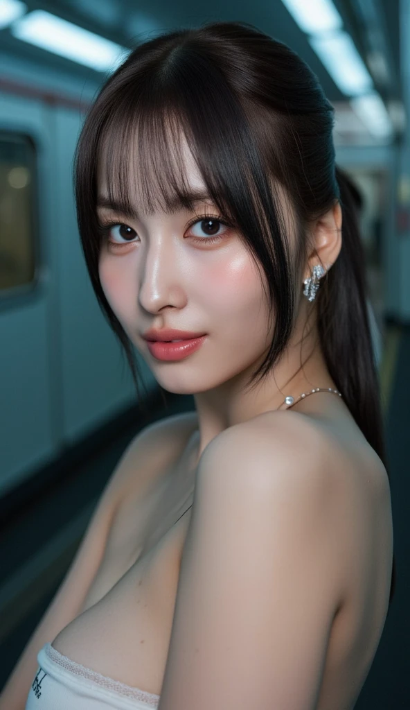 (masterpiece:1.3), high resolution, ultra detailed, extremely detailed CG unity 8k wallpaper, realistic, photo-realistic, RAW photo, beautiful detailed face, pale skin, realistic glistening skin, detailed cloth texture, detailed hair texture, Perfect body, Beautiful Face, accurate, Anatomically correct, Highly detailed face and skin texture, natural neck length, (beautiful hands), (fair skin:1.1), (well-aligned teeth:1.1), (Sweaty skin:1.2), baby face,
BREAK,
Detailed eyes, symmetric eyes, Light Brown eyes, Double eyelids, Thin eyebrows, (Glossy lips:1.4), ((A face with waiting for a kiss:1.2)), (blush:1.1), (A sparkling small hair accessory:1.1),
BREAK,
(A classy and Cute Japanese woman:1.3), (nude, nsfw, nipple, navel:1.2),
BREAK,
medium large breasts, slender figure, firm abs,
((ponytail, Dark blonde hair, wavy hair, long hair:1.2)), (cowboy shot:1.3), (looking at viewer), From above,
BREAK,
((Sitting side by side on the backseat of a hotel)), (((A view of Tokyo outside the window at Night:1.3))),
